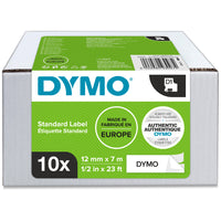 DYMO D1 standard labels 12mm x 7m black on white 10 pack carton in bulk packaging