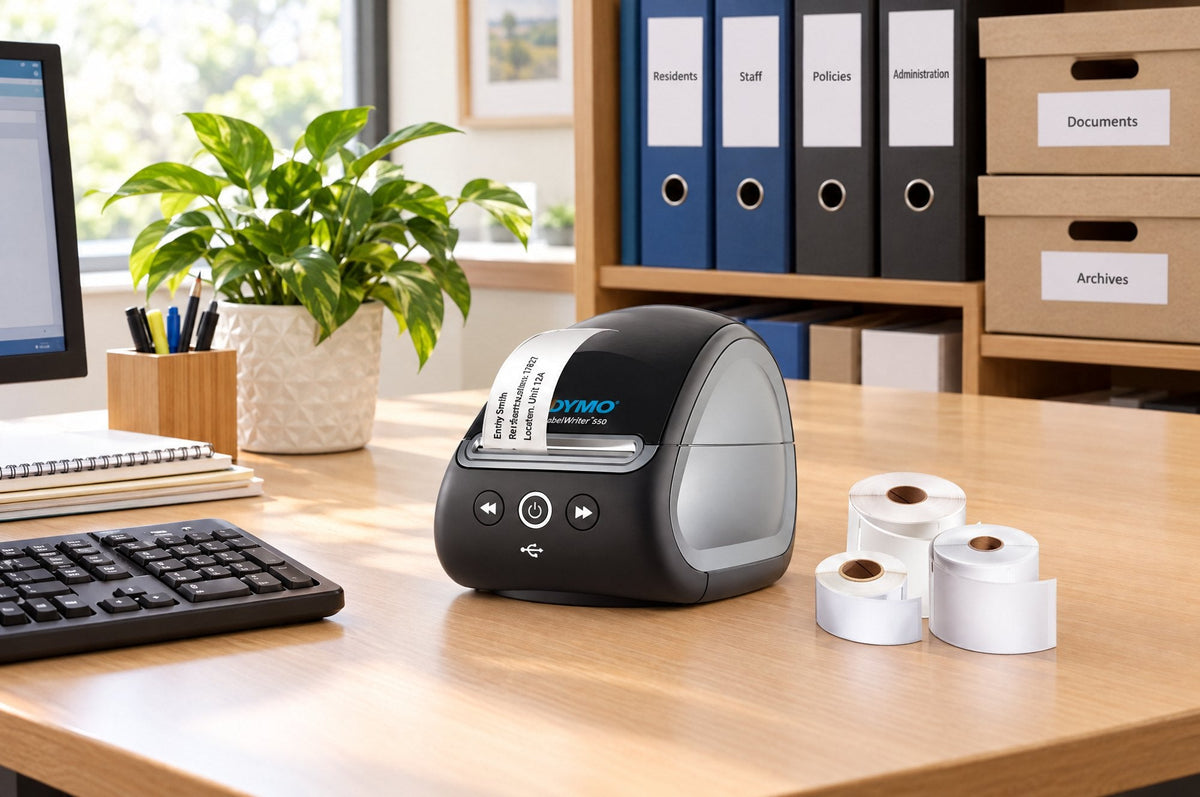 DYMO LabelWriter 550 label printer on an aged care office desk beside labelled files and archive boxes