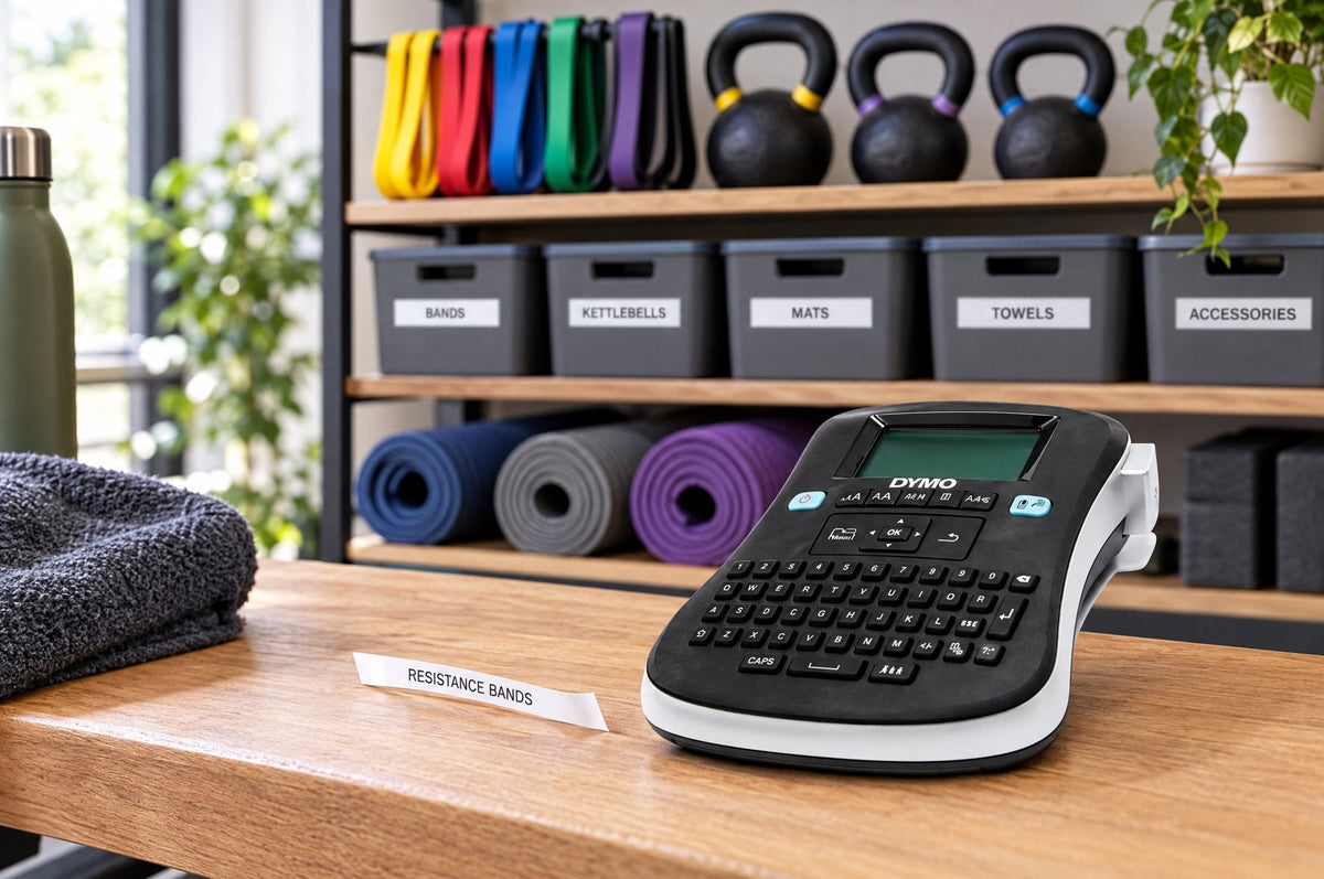 DYMO LabelManager 210D Plus label maker in a gym storage area with labelled bins for bands, kettlebells and mats