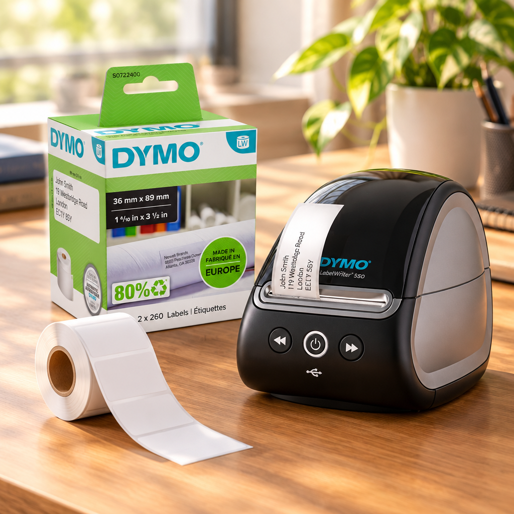 DYMO LabelWriter 36 x 89mm label rolls beside a LabelWriter 550