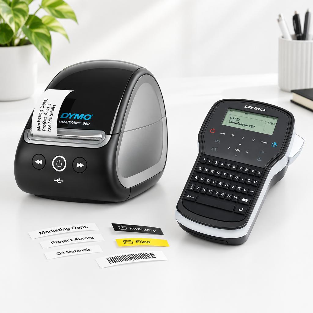 DYMO LabelWriter 550 next to a DYMO LabelManager 280