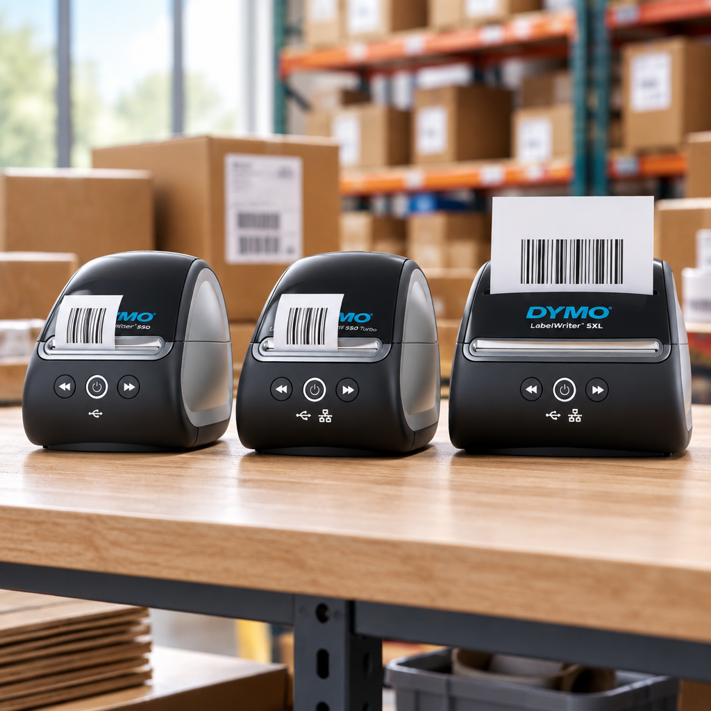 DYMO LabelWriter 550, 550 Turbo and 5XL on a warehouse bench