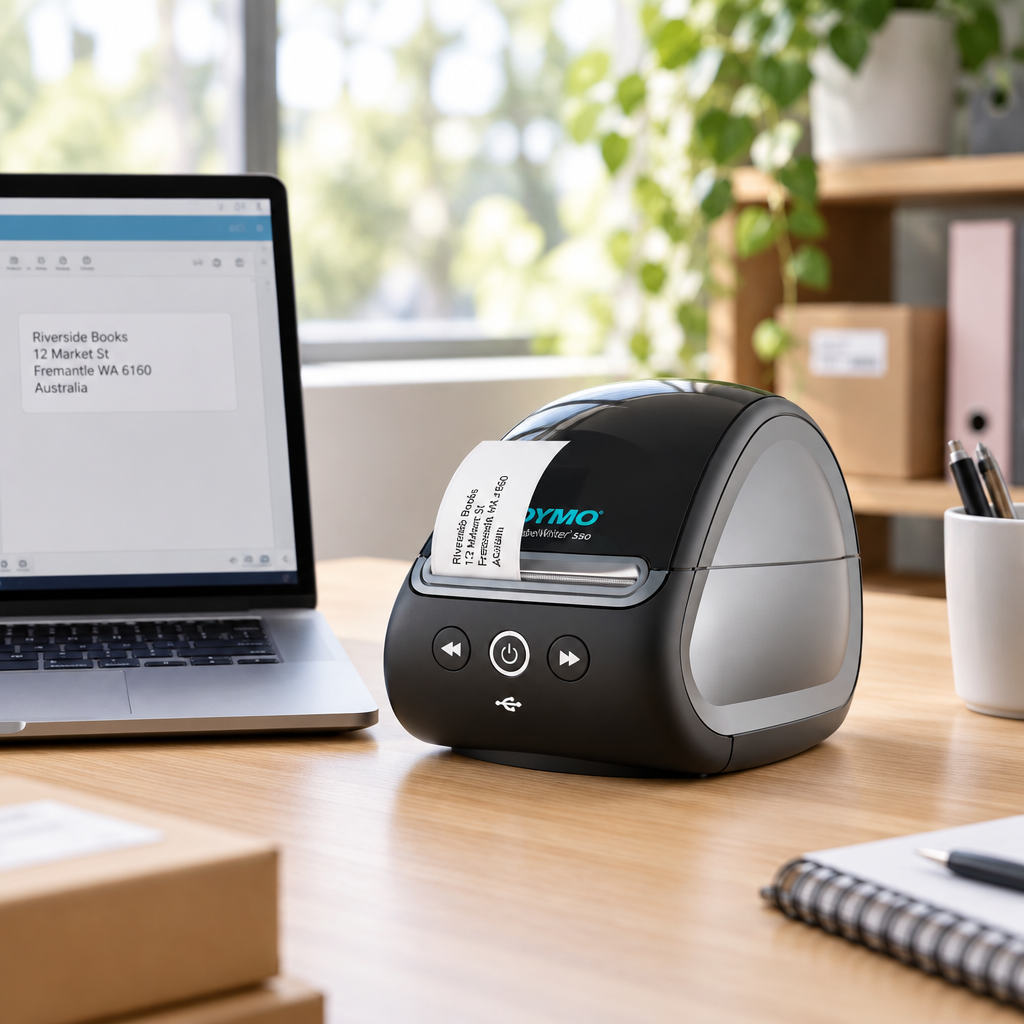 DYMO LabelWriter 550 printing an address label on an office desk