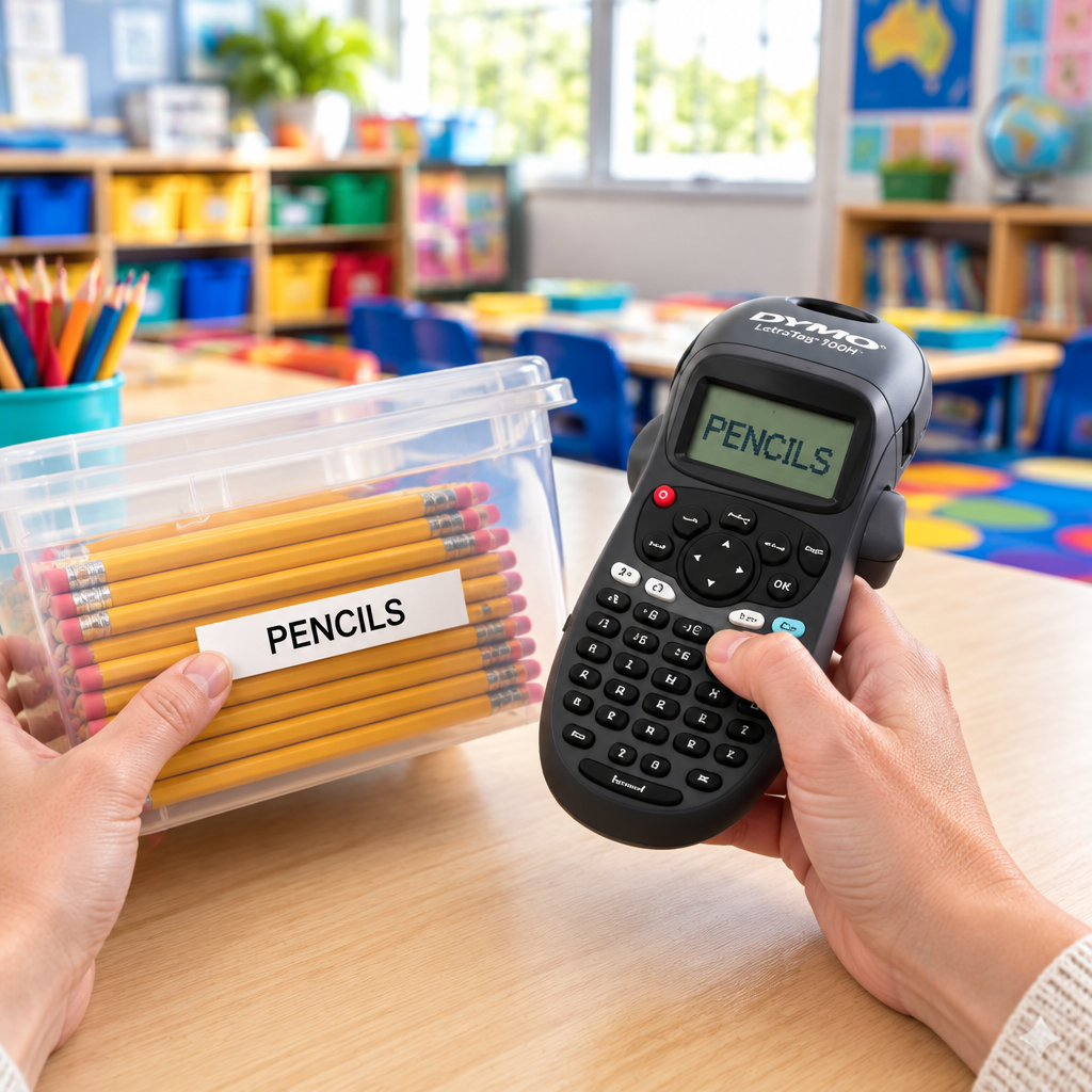 Teacher labelling a classroom tub with a DYMO LetraTag 100H