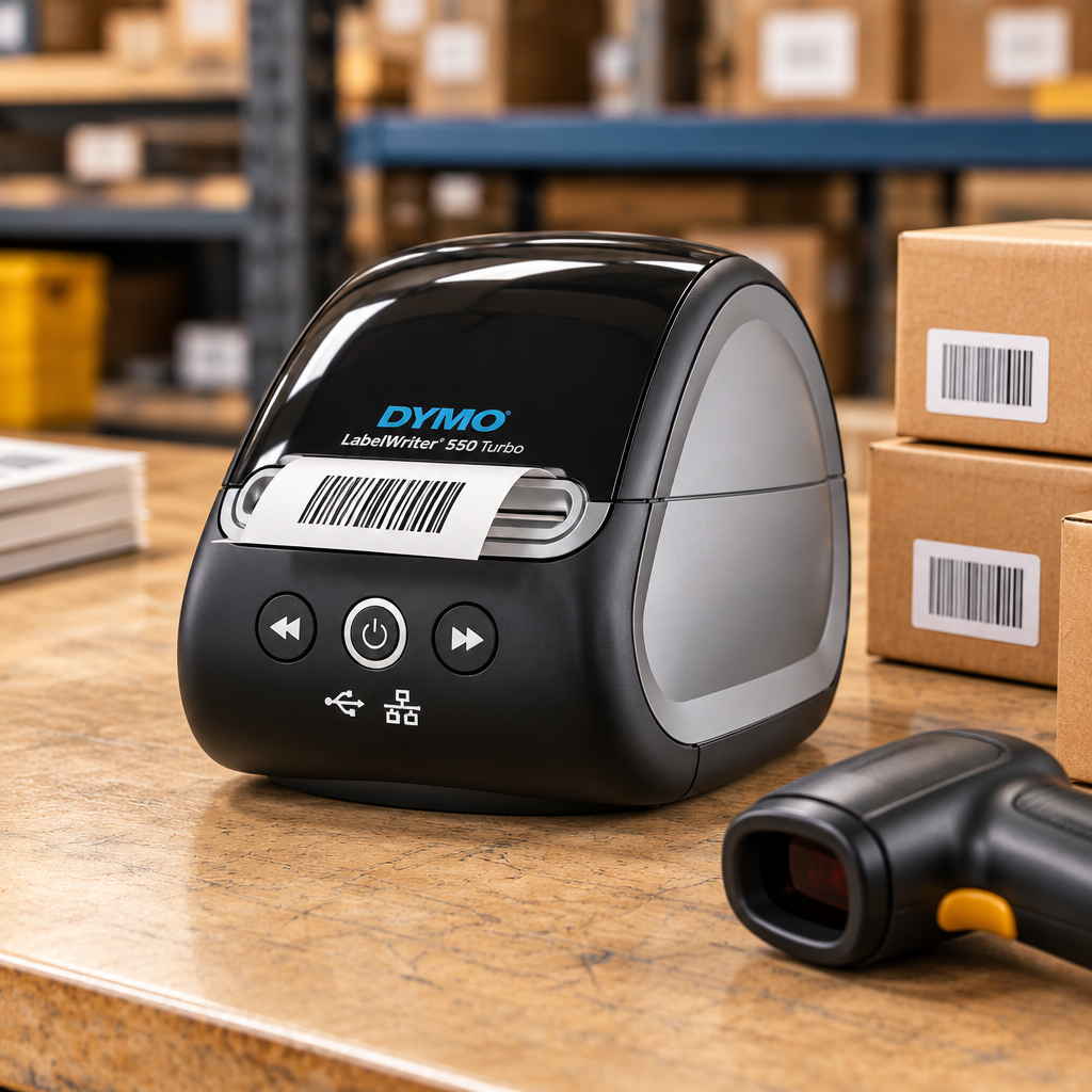 DYMO LabelWriter 550 Turbo printing a barcode label in a stockroom