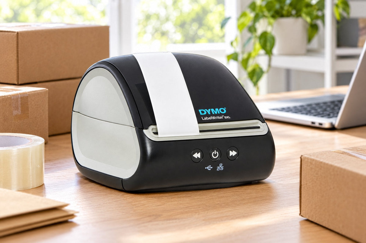 DYMO LabelWriter 5XL printing a shipping label on a small-business packing bench