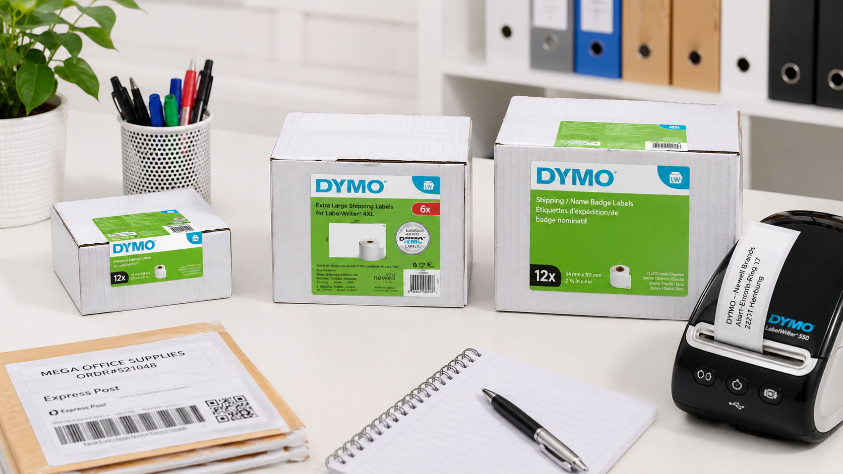 Bulk DYMO label boxes arranged beside a LabelWriter printer on a bright office desk.