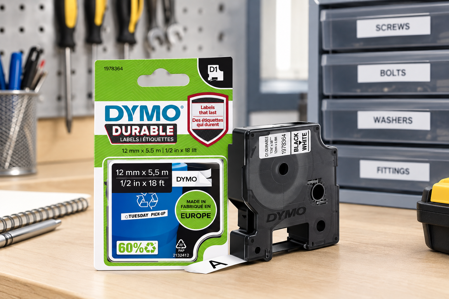 DYMO D1 Durable label tape and cassette displayed on a bright organised workshop bench.