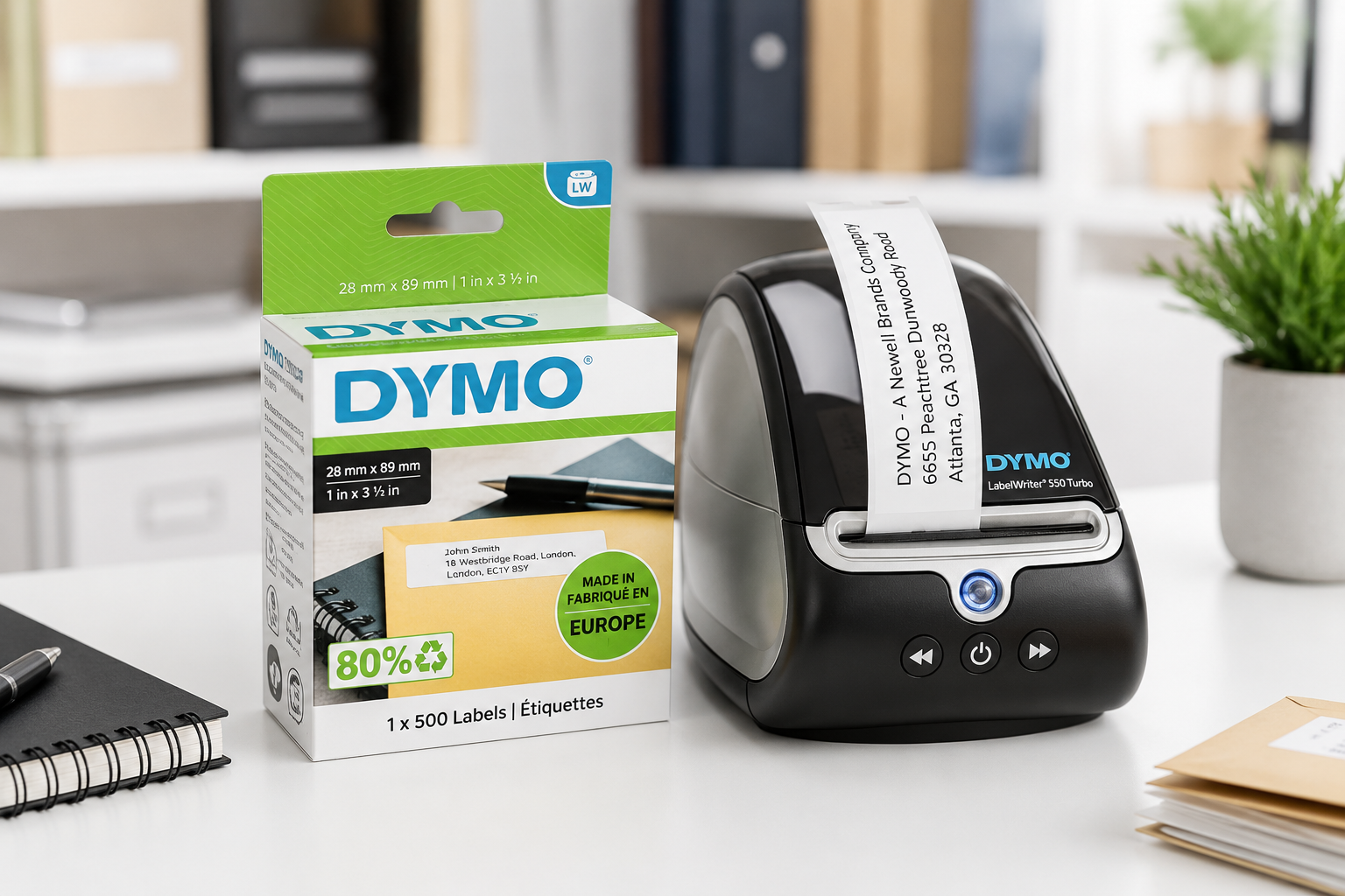 DYMO LabelWriter labels and LabelWriter printer displayed on a bright modern office desk.