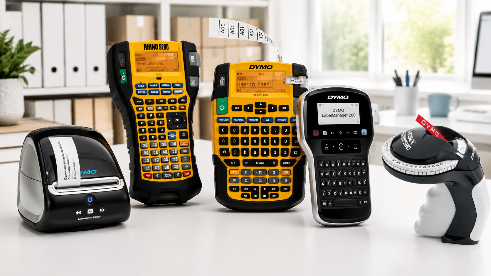 DYMO label machines including LabelWriter, LabelManager, RHINO and embossing tools on a bright office desk.