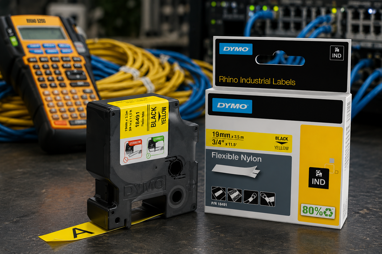 DYMO RHINO industrial label tape and cassette displayed with cables and a RHINO label maker on a workbench.