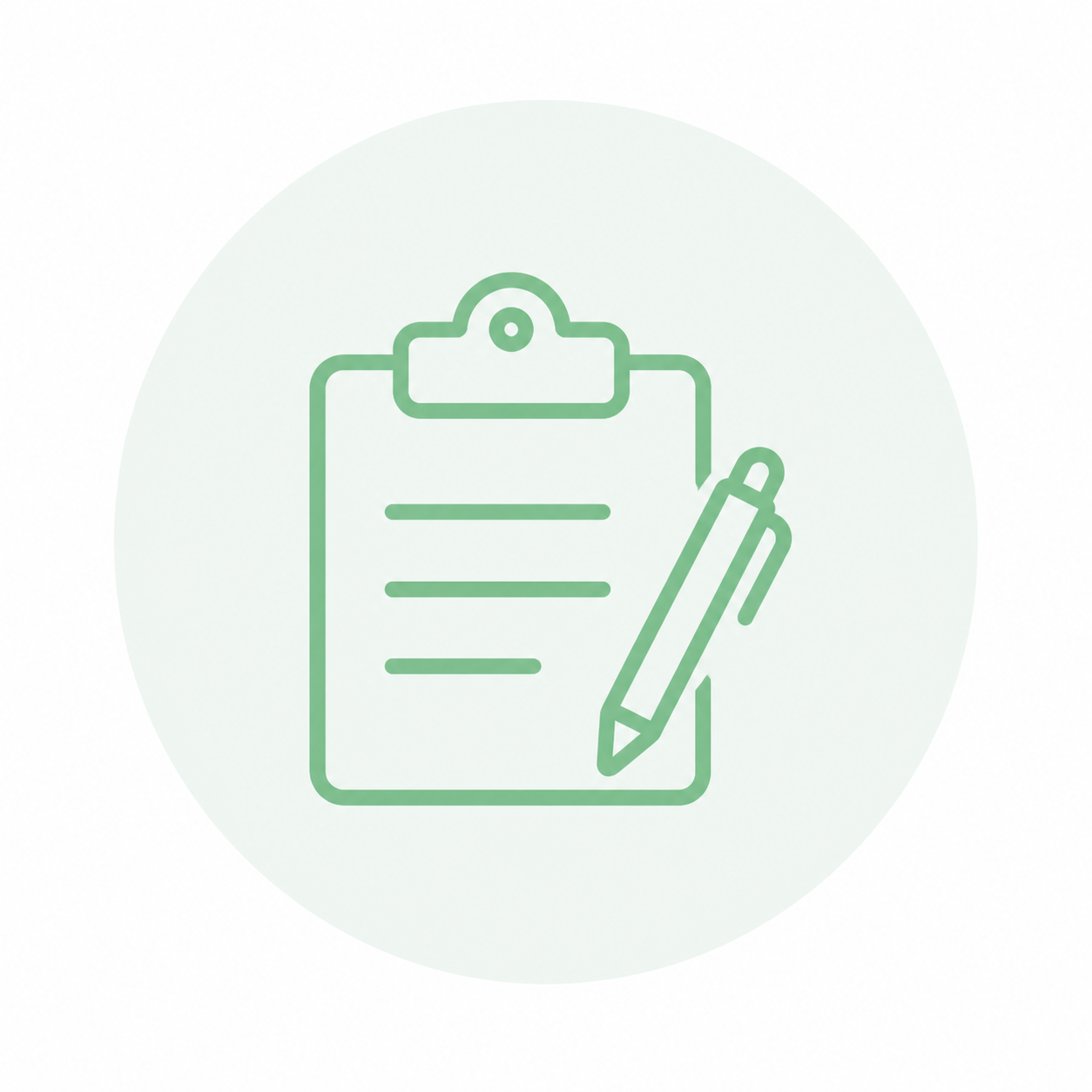 Light green outline icon of a clipboard and pen for office and admin.