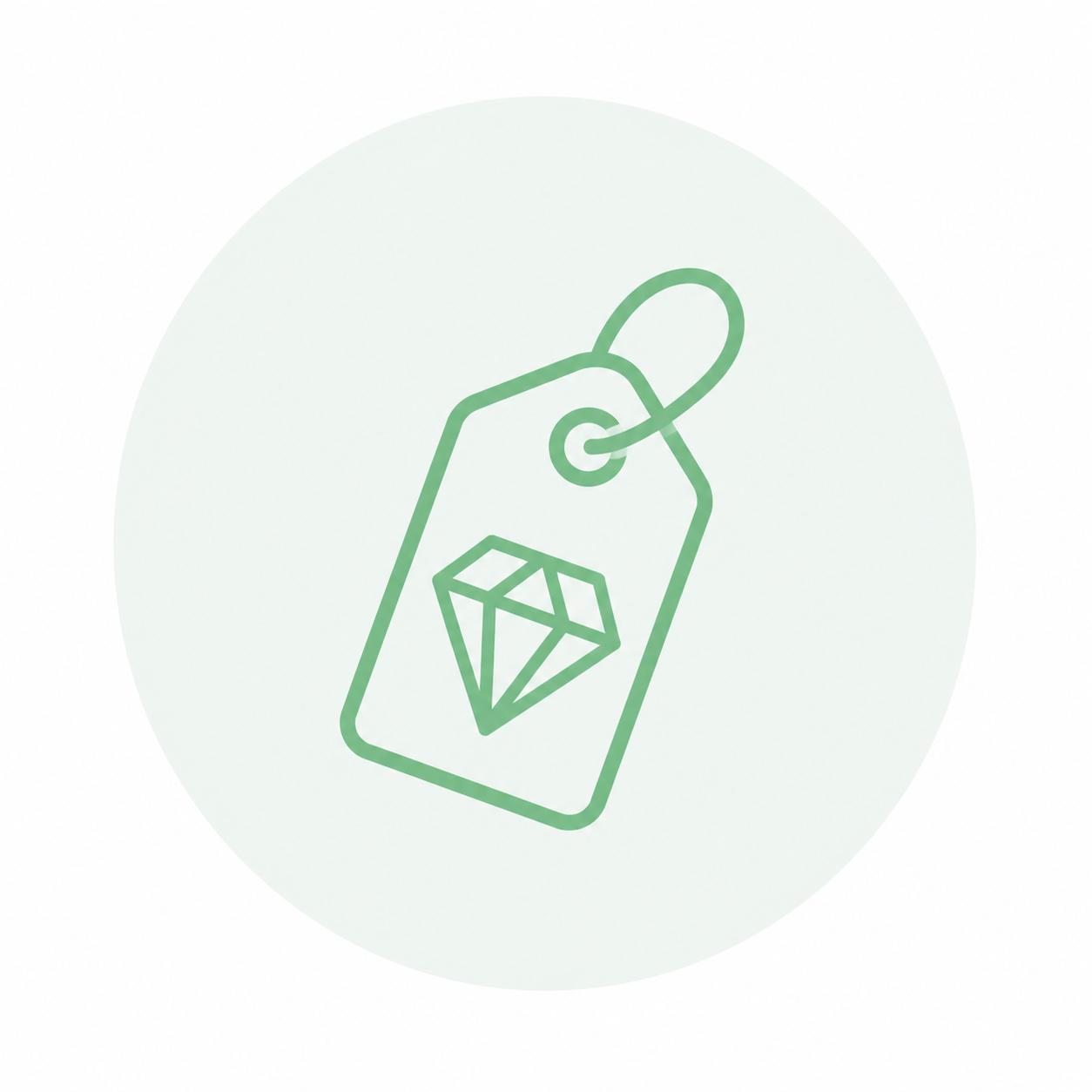 Light green outline icon of a jewellery tag with a diamond for retail and jewellery.