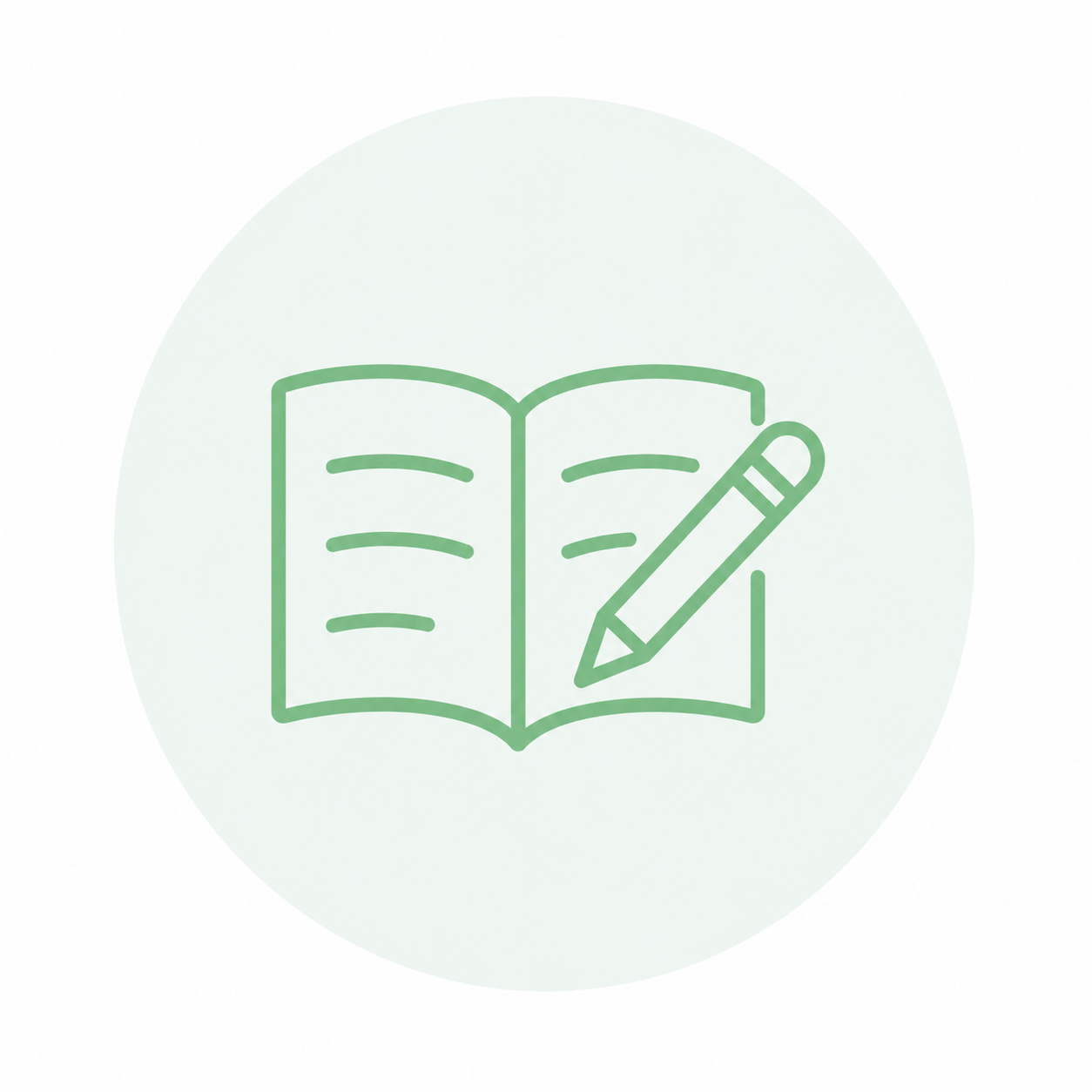 Light green outline icon of an open book and pencil for schools and education.