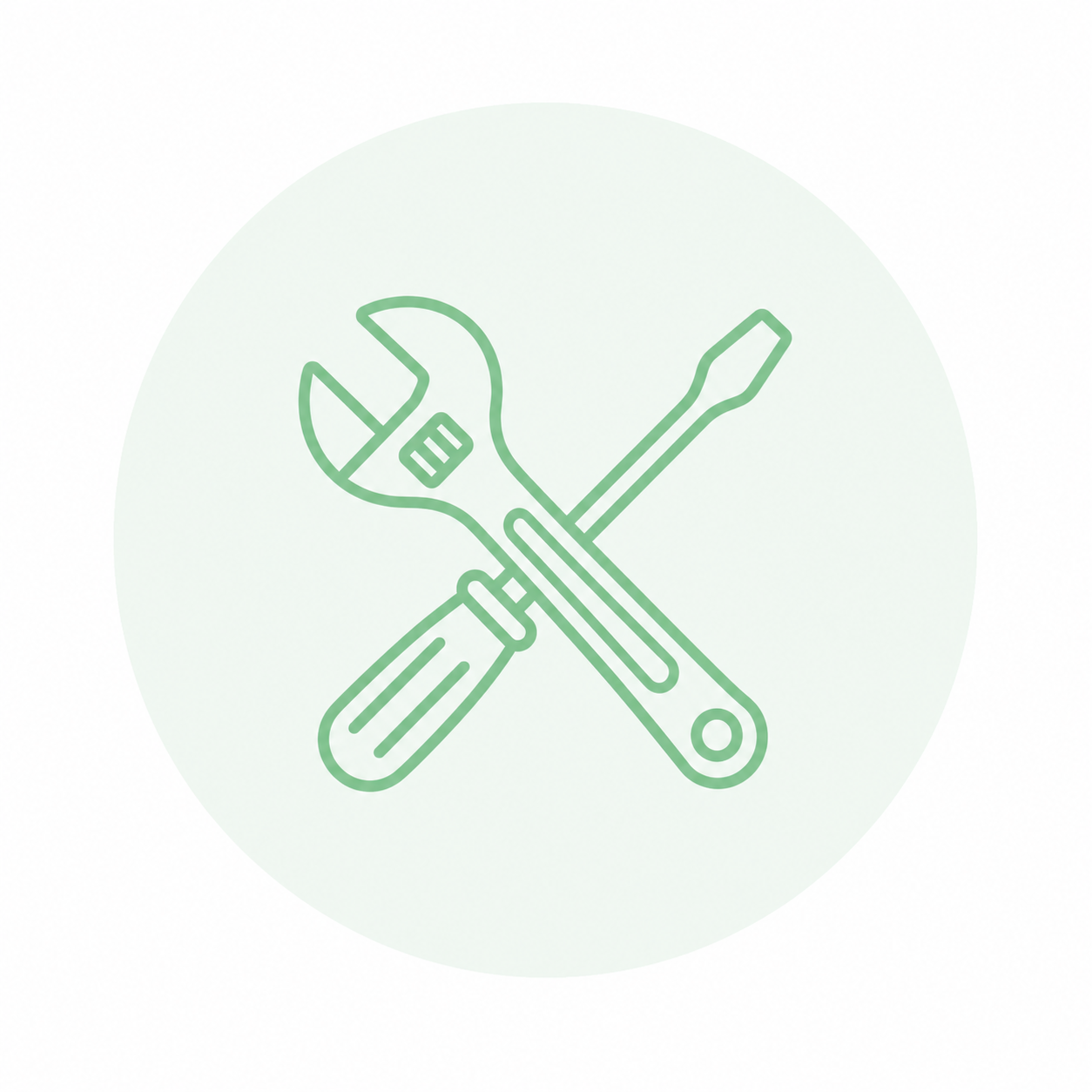 Light green outline icon of a spanner and screwdriver for trades and workshops.