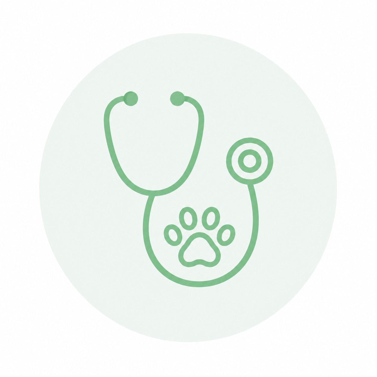 Light green outline icon of a stethoscope and paw for veterinary and medical use.