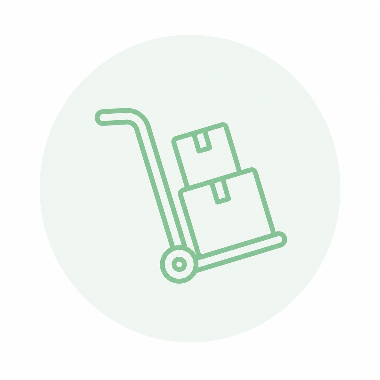 Light green outline icon of a hand trolley carrying parcels for warehouse and shipping.