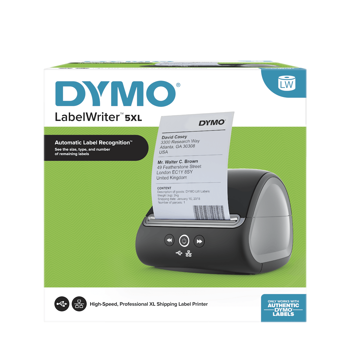 DYMO LabelWriter 5XL label printer retail packaging with product image and branding