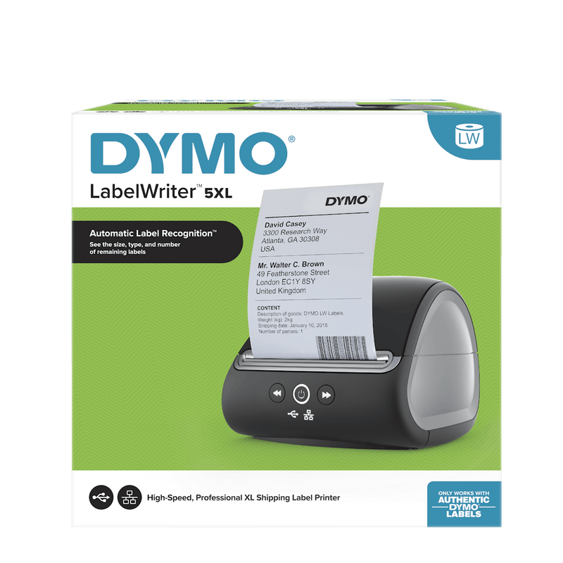DYMO LabelWriter 5XL label printer retail packaging with product image and branding