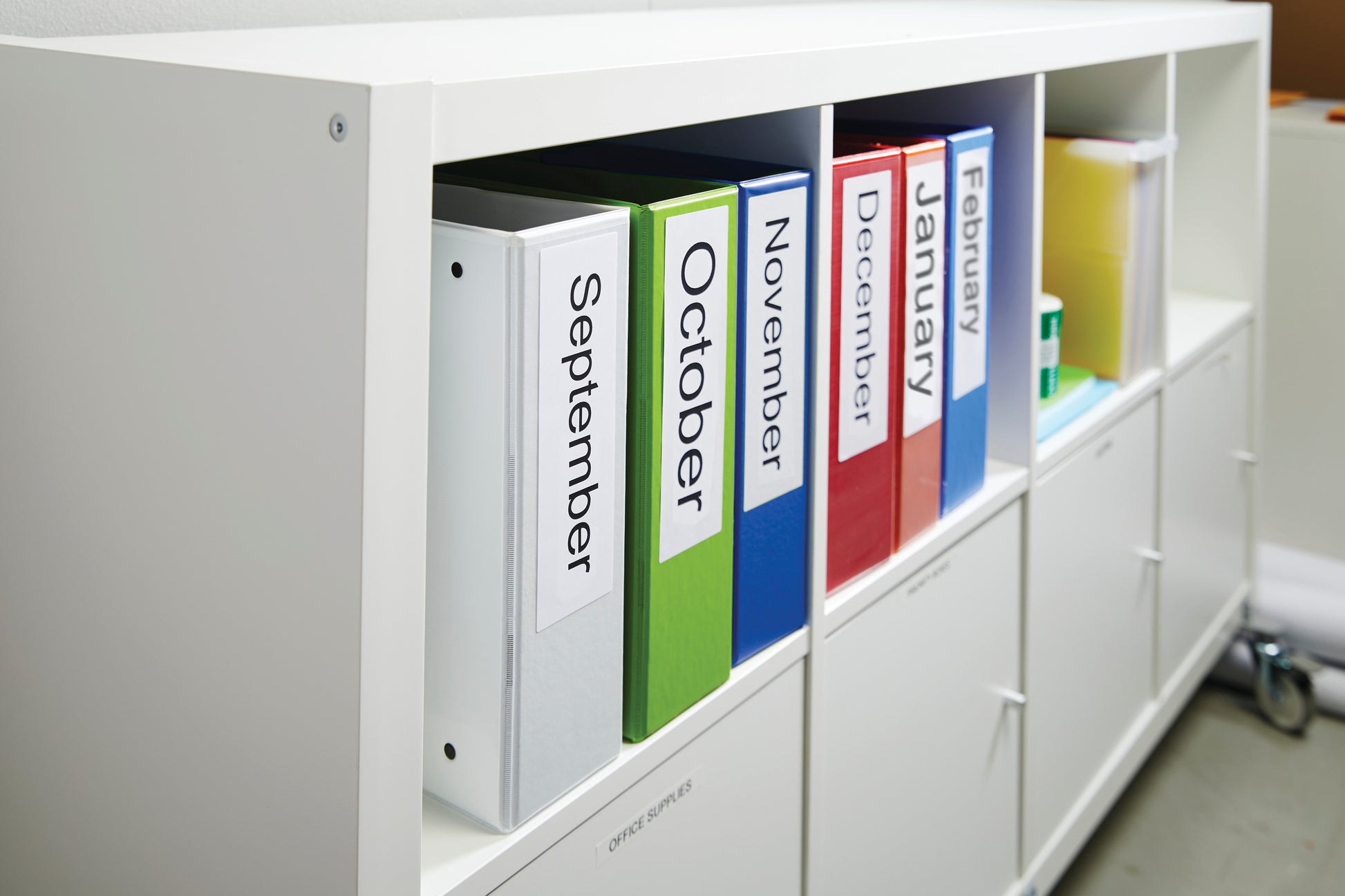 Colour coded lever arch files with spine labels in shelf storage