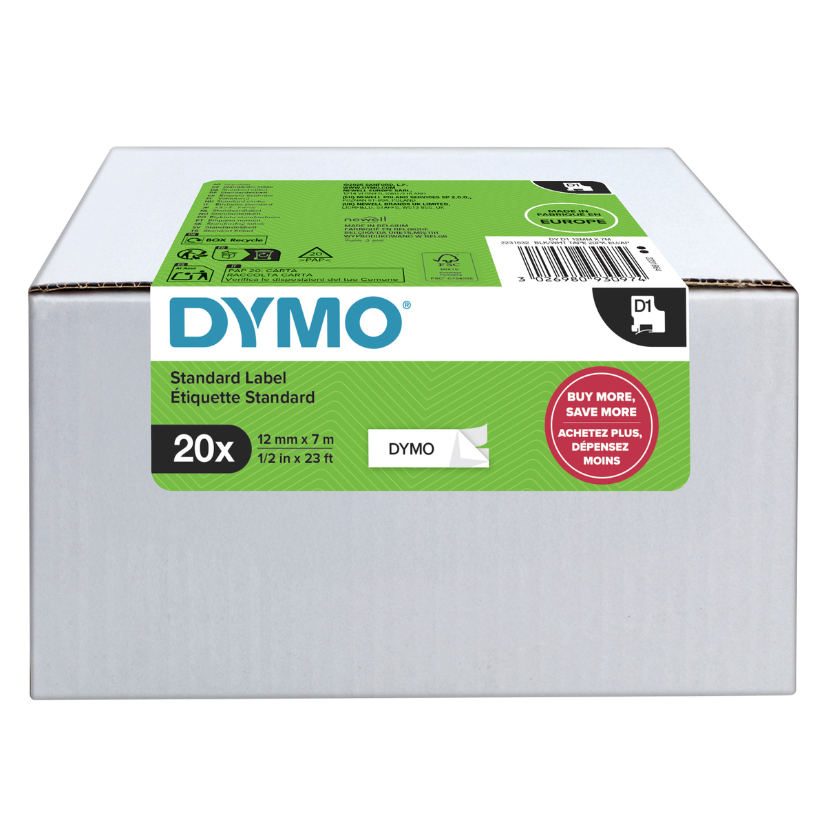 Bulk Dymo 2231632 D1 Label Tape Black on White 12mm x 7m 20 Pack