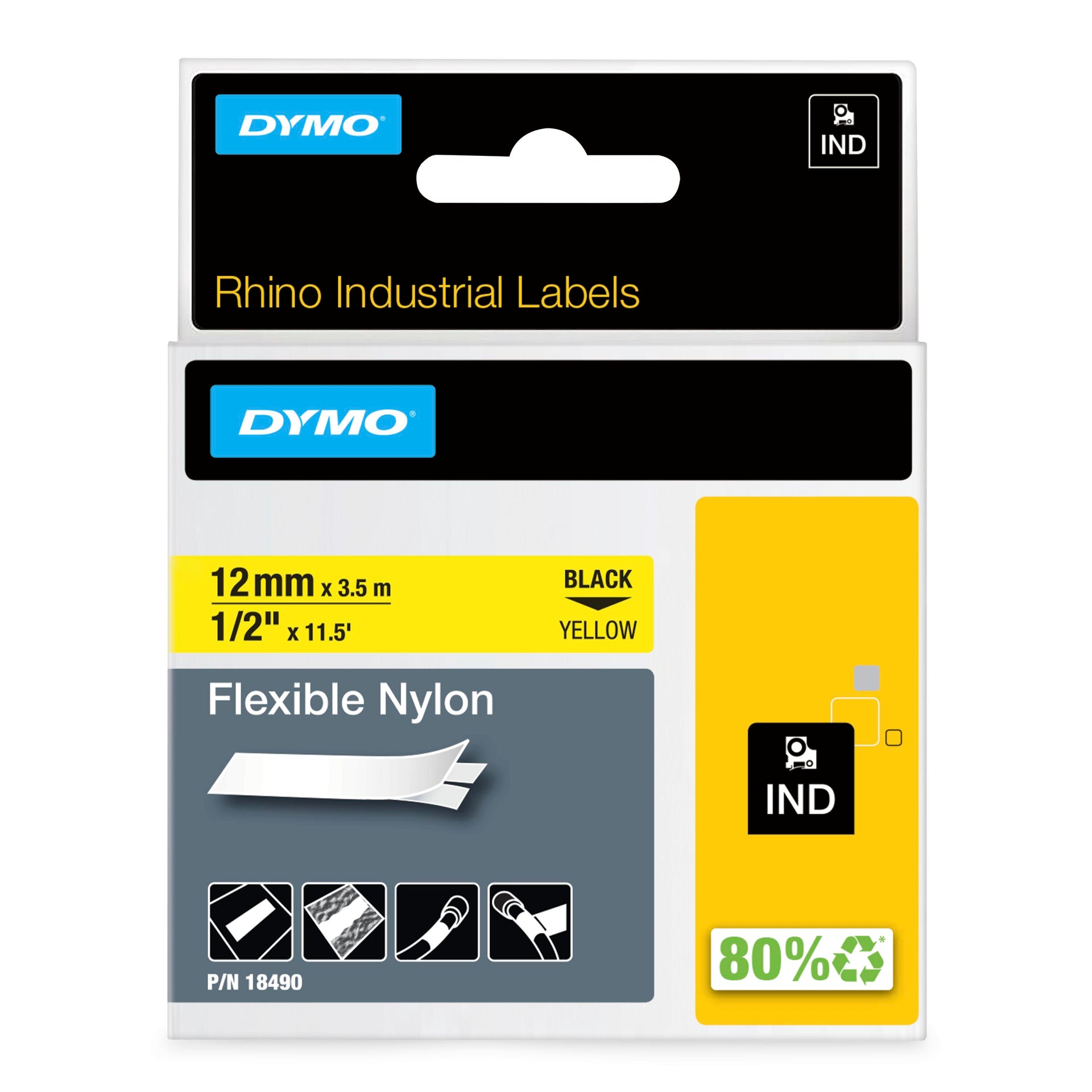 Dymo Rhino 18490 Flexible Nylon Tape 12mm Black on Yellow