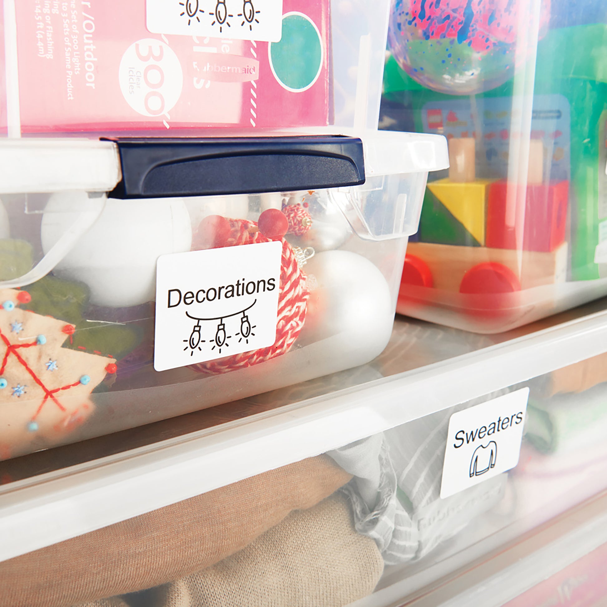 Labelled jars and containers on a kitchen or pantry shelf