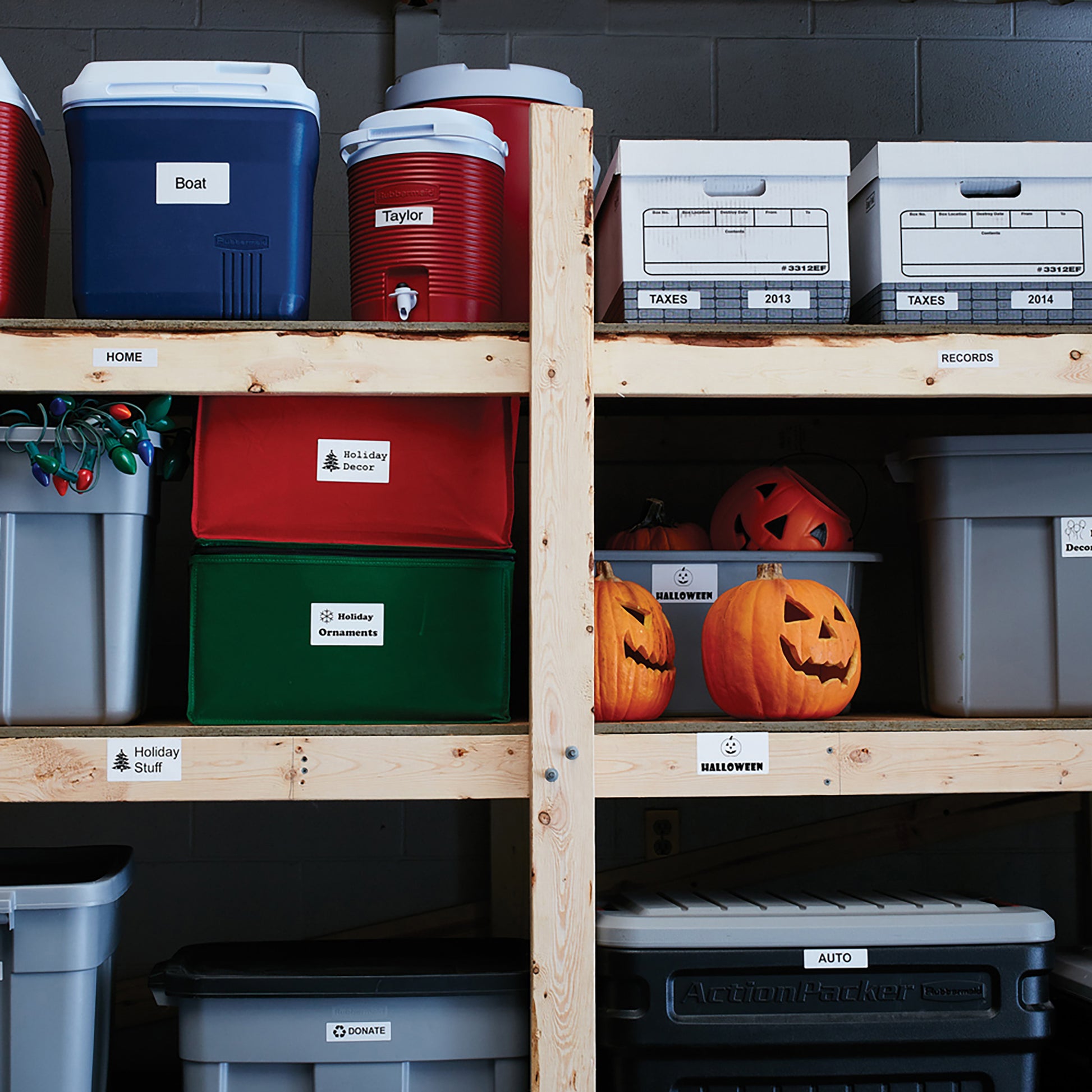 Shelving unit with labelled storage boxes and home organisation containers