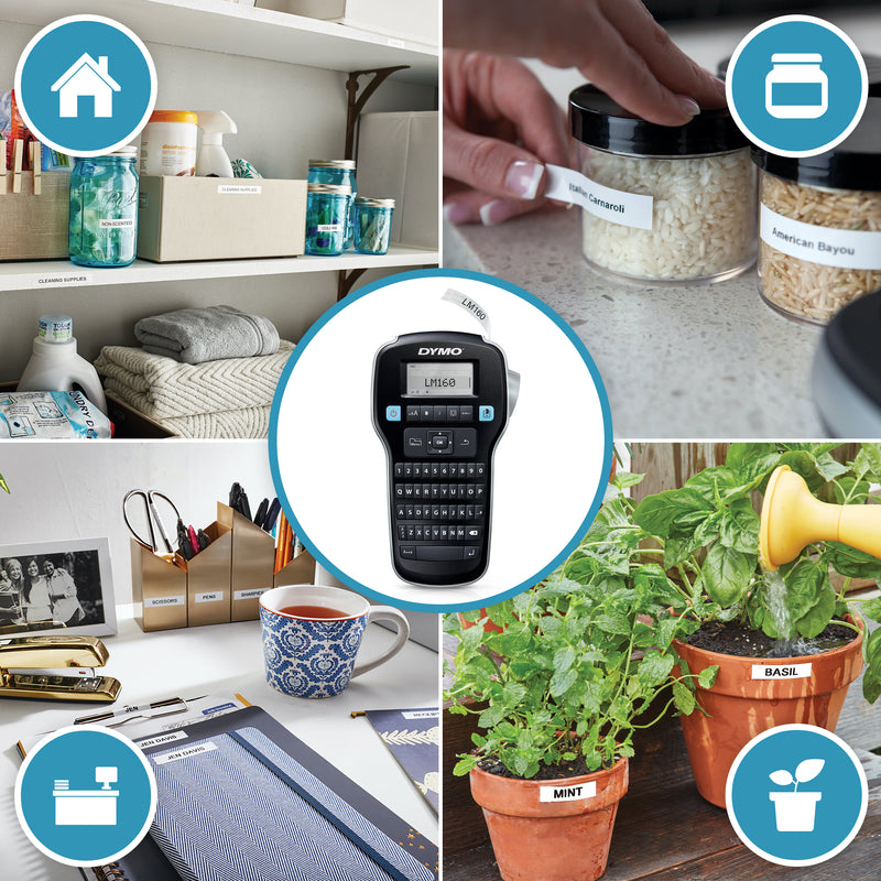 Dymo LabelManager label maker shown with everyday home, office and organisation uses
