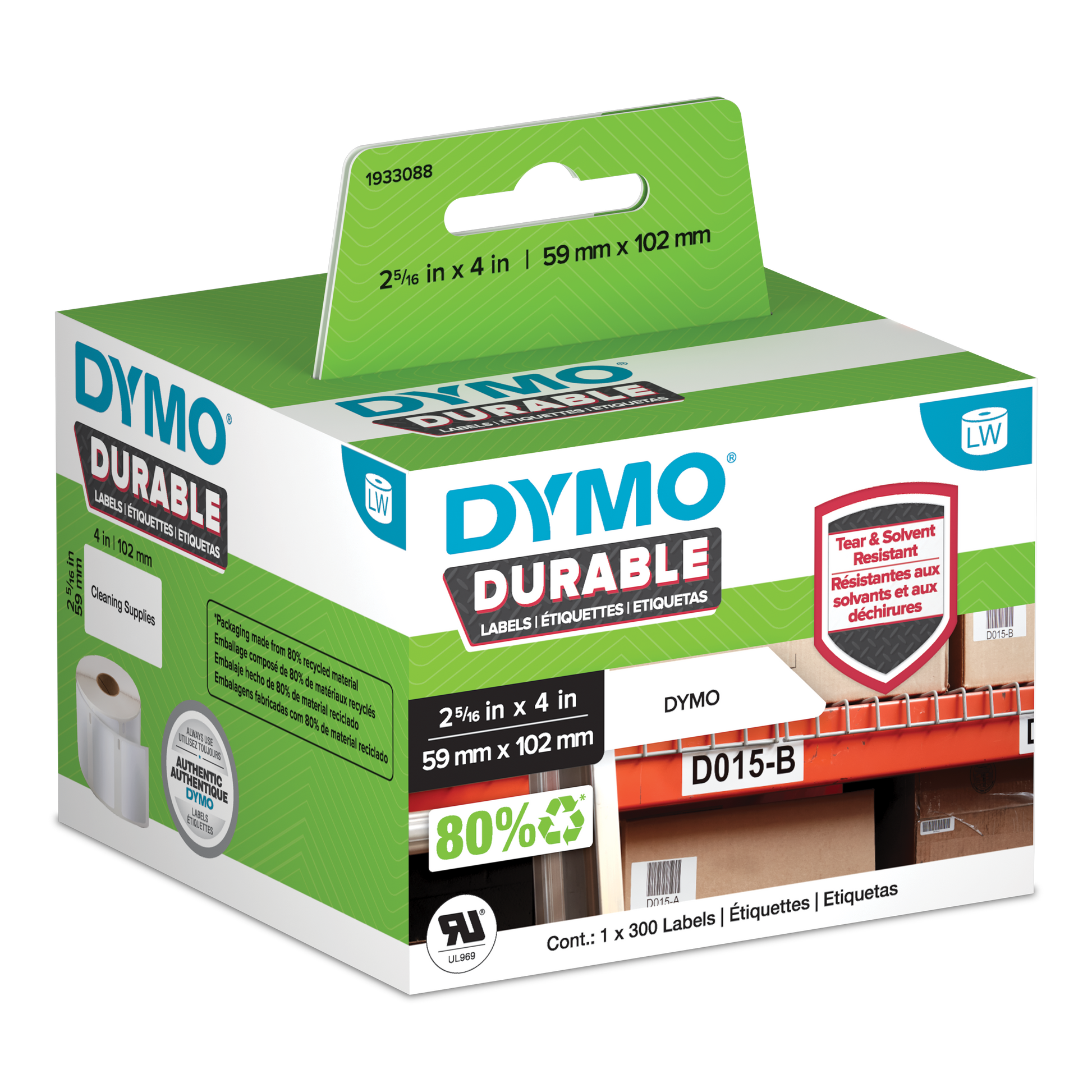 DYMO Durable LabelWriter labels 59mm x 102mm in retail packaging with warehouse shelving application shown