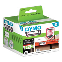 DYMO Durable LabelWriter labels 59mm x 102mm in retail packaging with warehouse shelving application shown