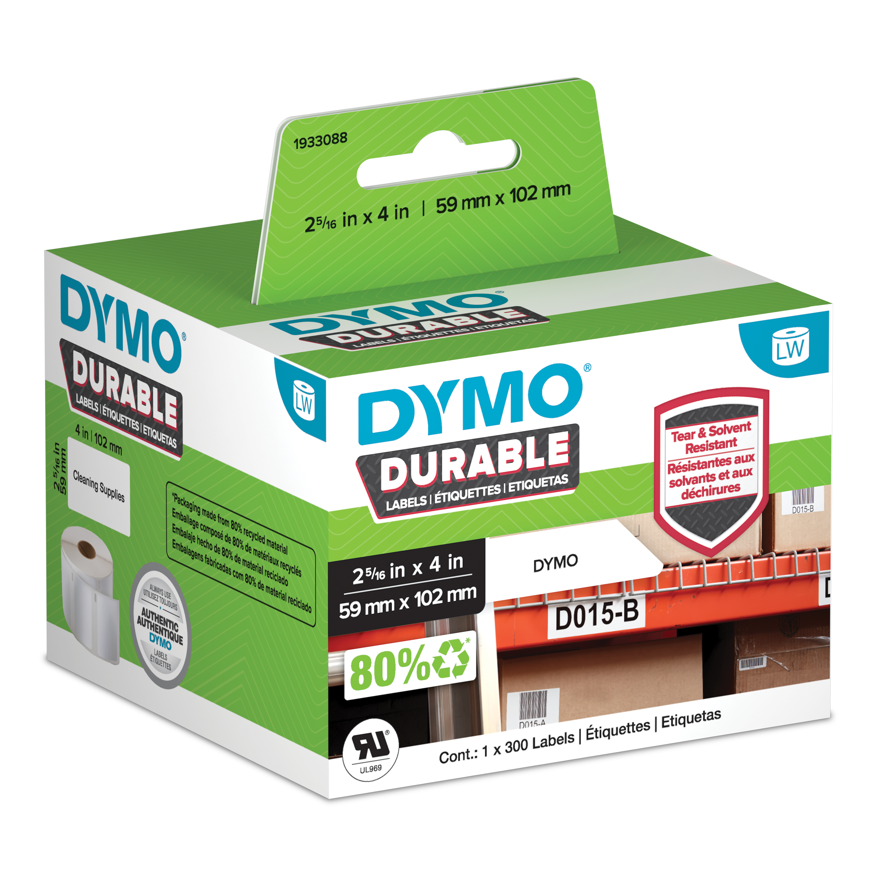 DYMO Durable LabelWriter labels 59mm x 102mm in retail packaging with warehouse shelving application shown
