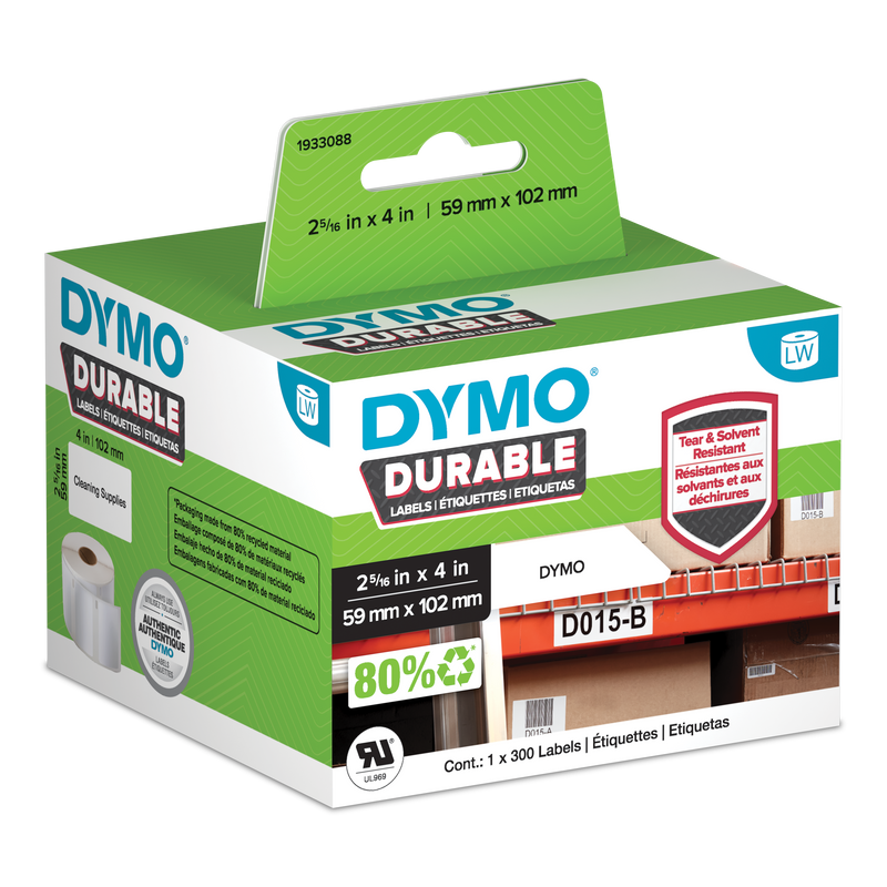 DYMO Durable LabelWriter labels 59mm x 102mm in retail packaging with warehouse shelving application shown