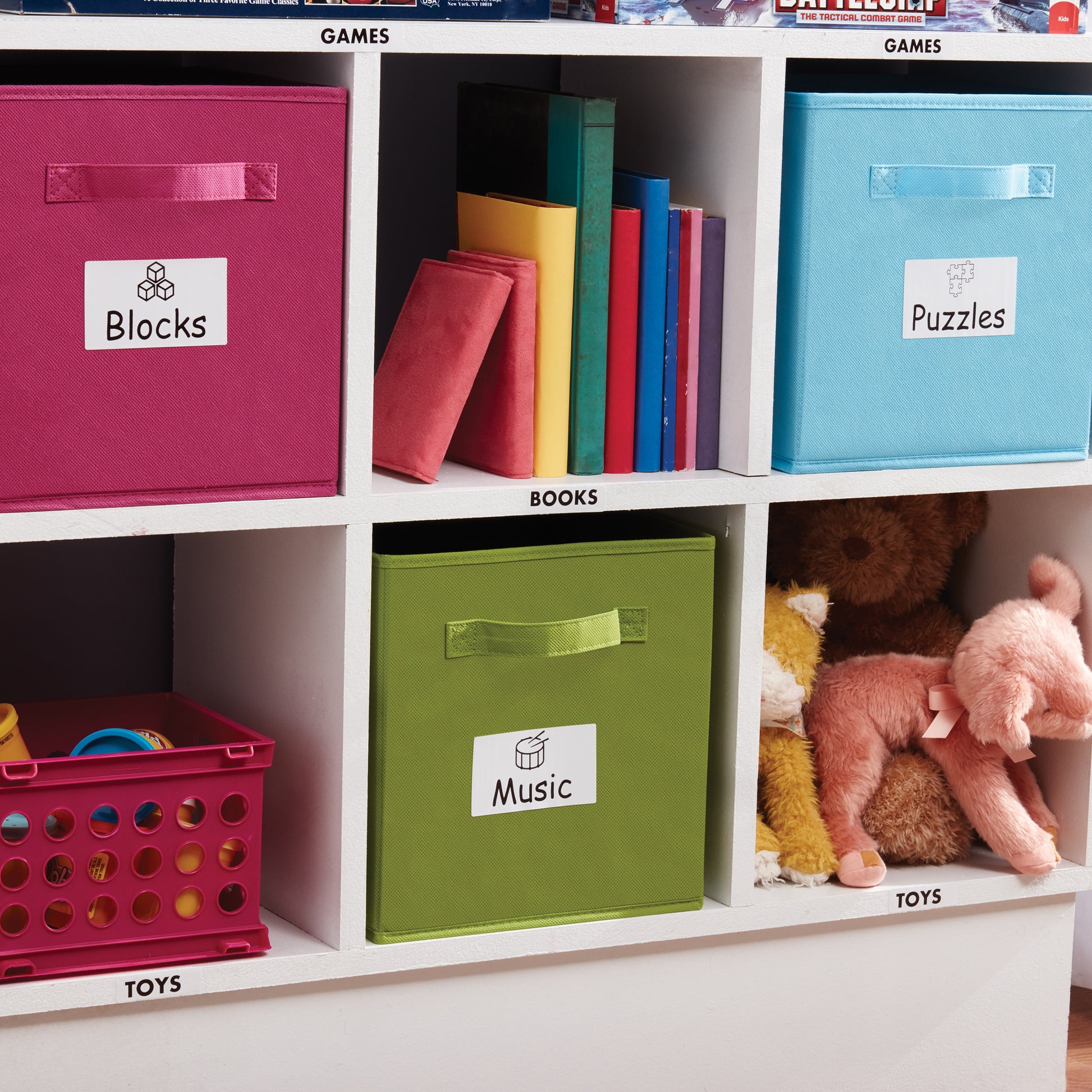 Colourful storage cubes with labelled boxes and containers