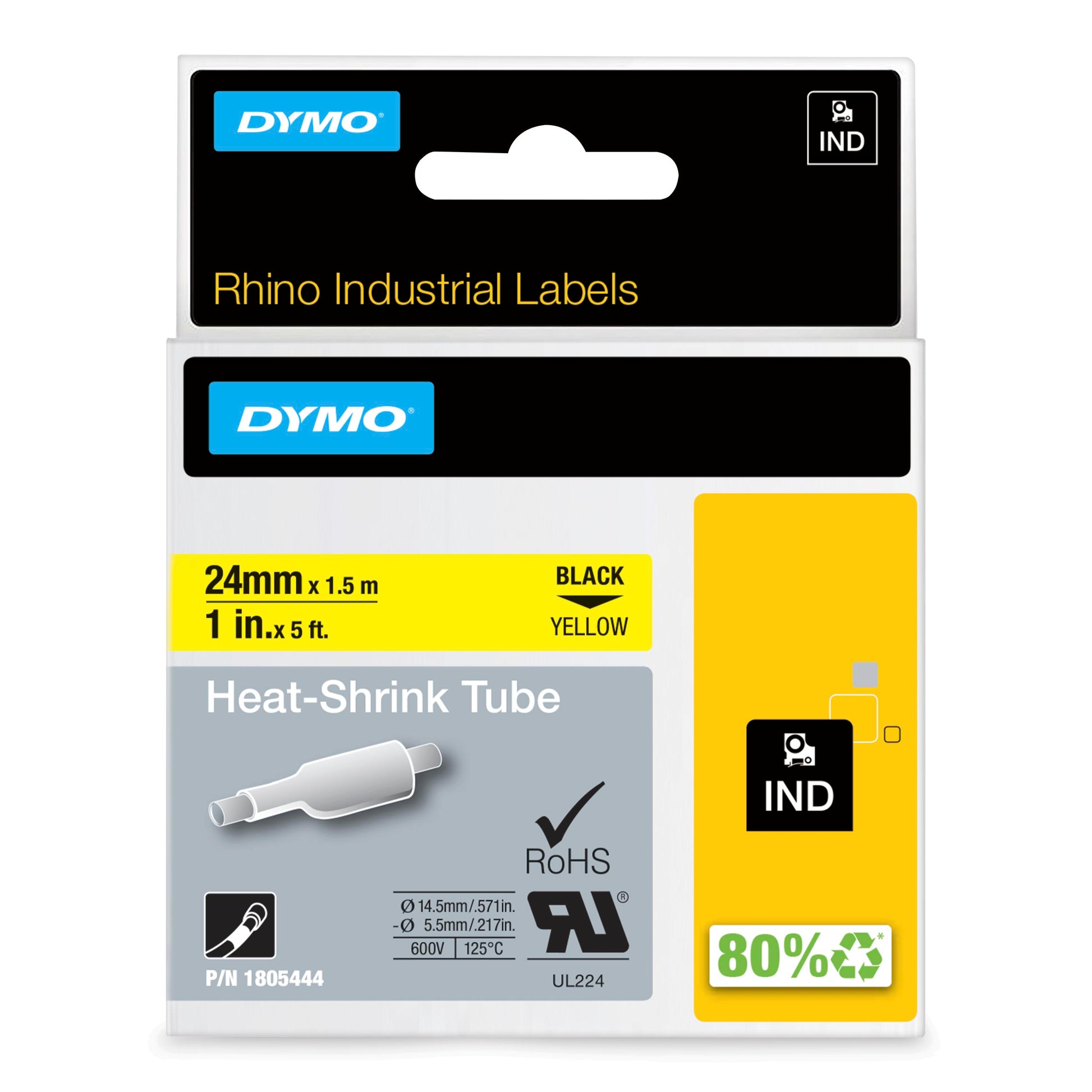 Dymo Rhino 18056 Heat Shrink Tube Tape 12mm Black on Yellow