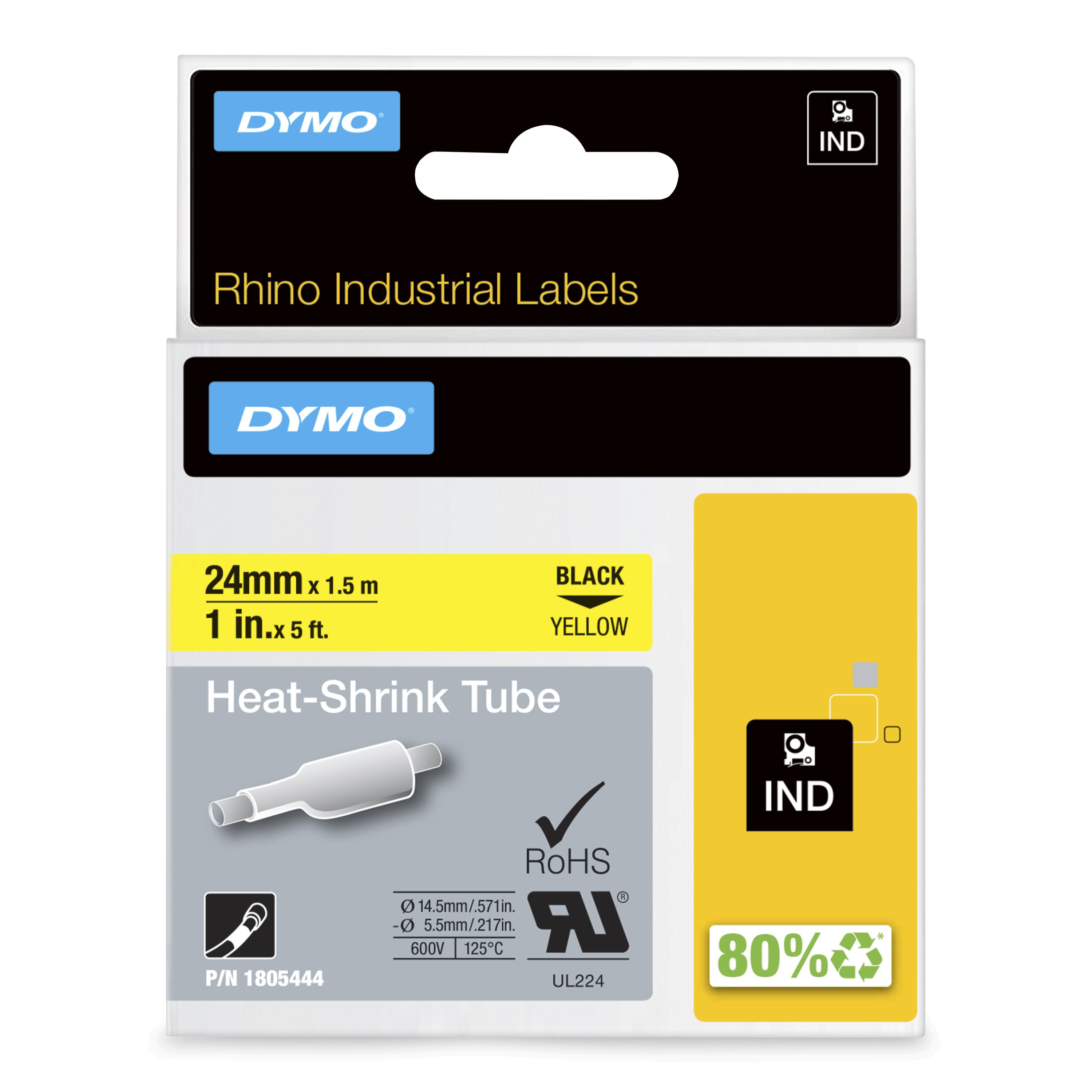 Dymo Rhino 18056 Heat Shrink Tube Tape 12mm Black on Yellow
