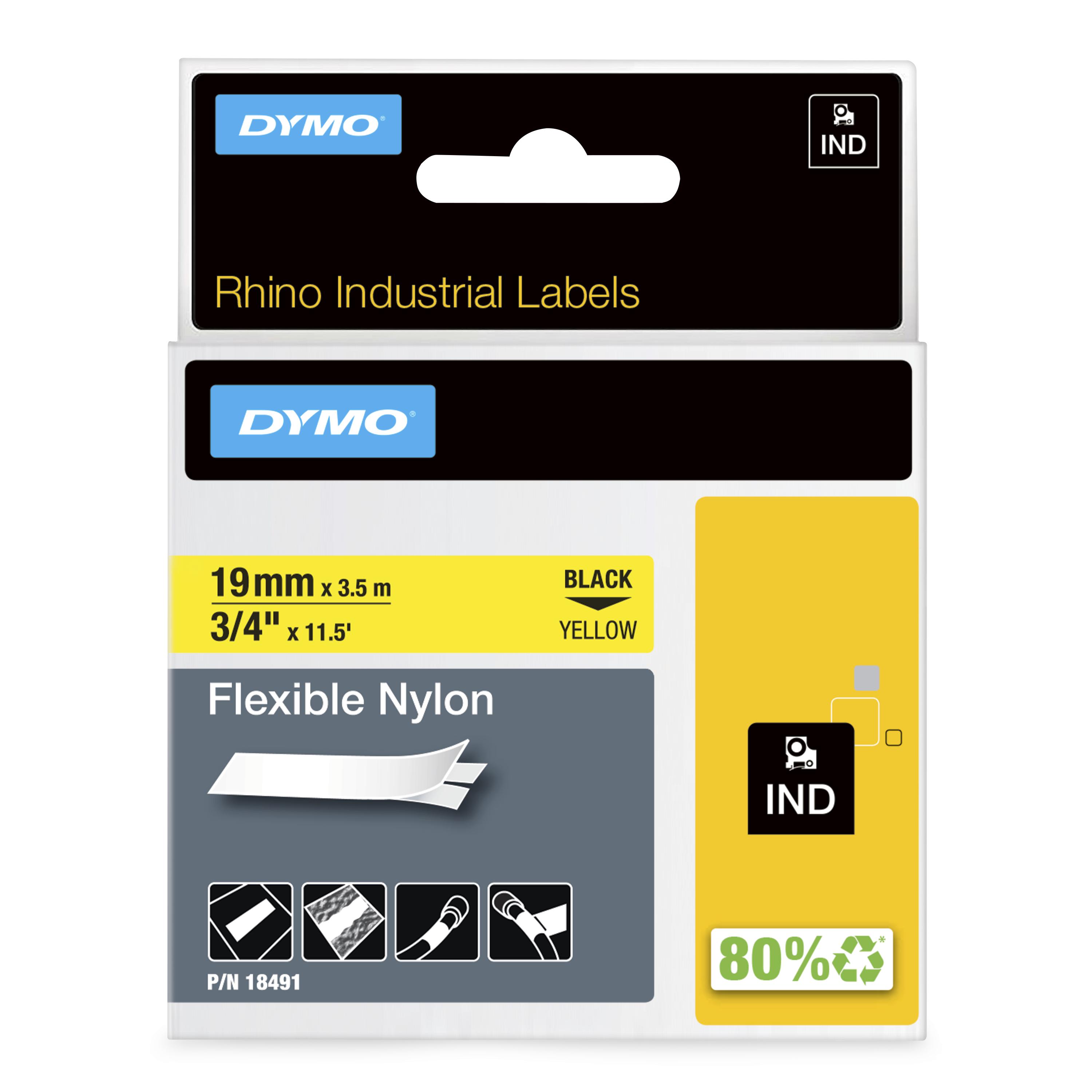 Dymo Rhino 18491 Flexible Nylon Tape 19mm Black on Yellow