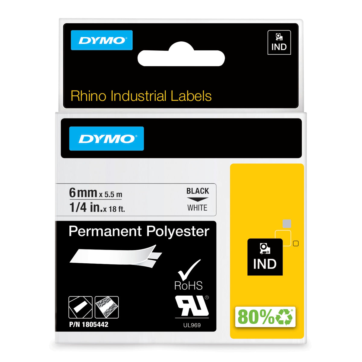 Dymo Rhino 1805442 permanent polyester tape 6mm black on white in retail packaging
