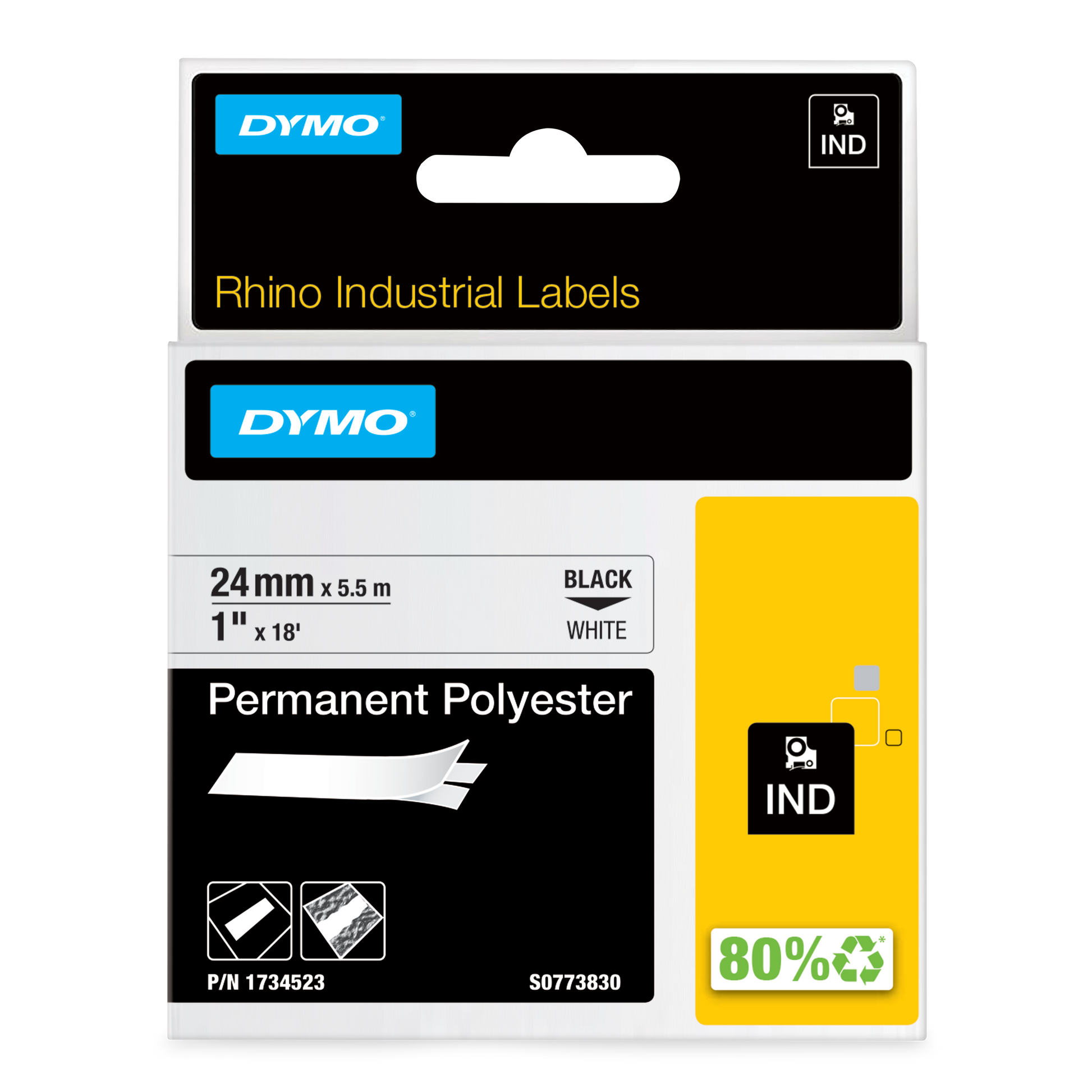 Dymo Rhino 1734523 Permanent Polyester Tape 24mm Black on White