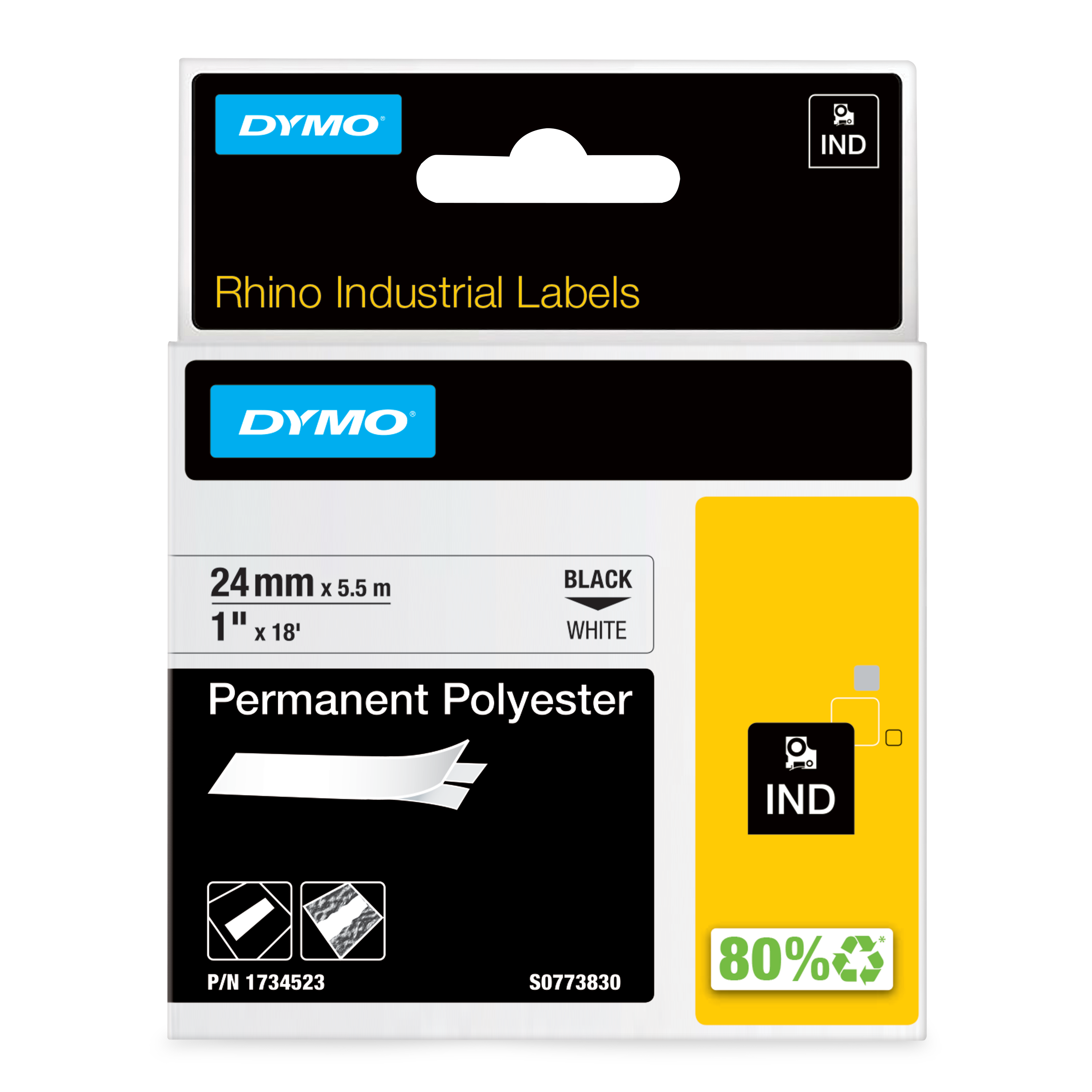 Dymo Rhino 1734523 Permanent Polyester Tape 24mm Black on White