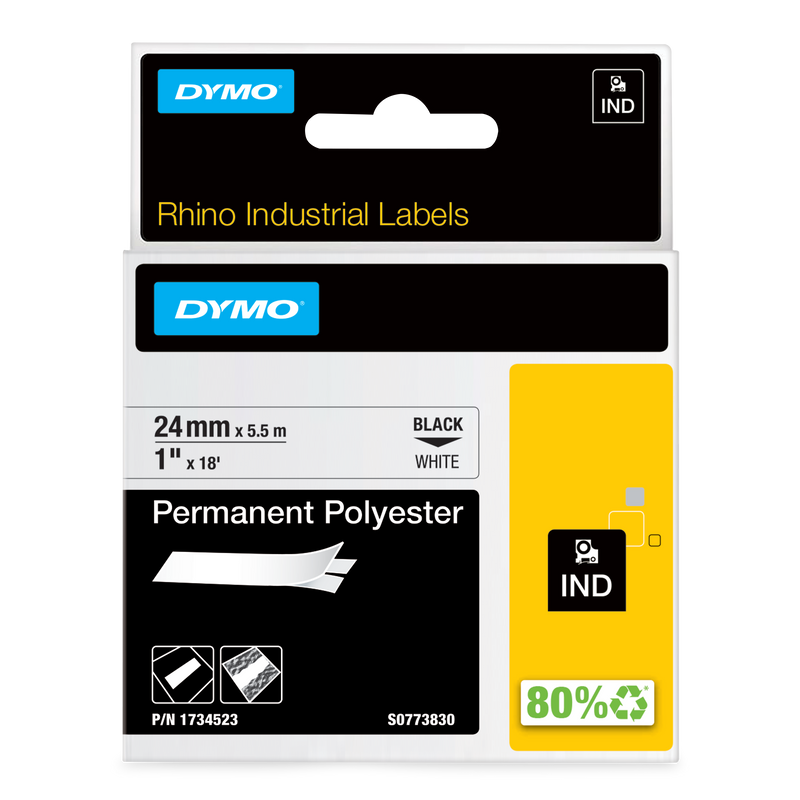 Dymo Rhino 1734523 Permanent Polyester Tape 24mm Black on White