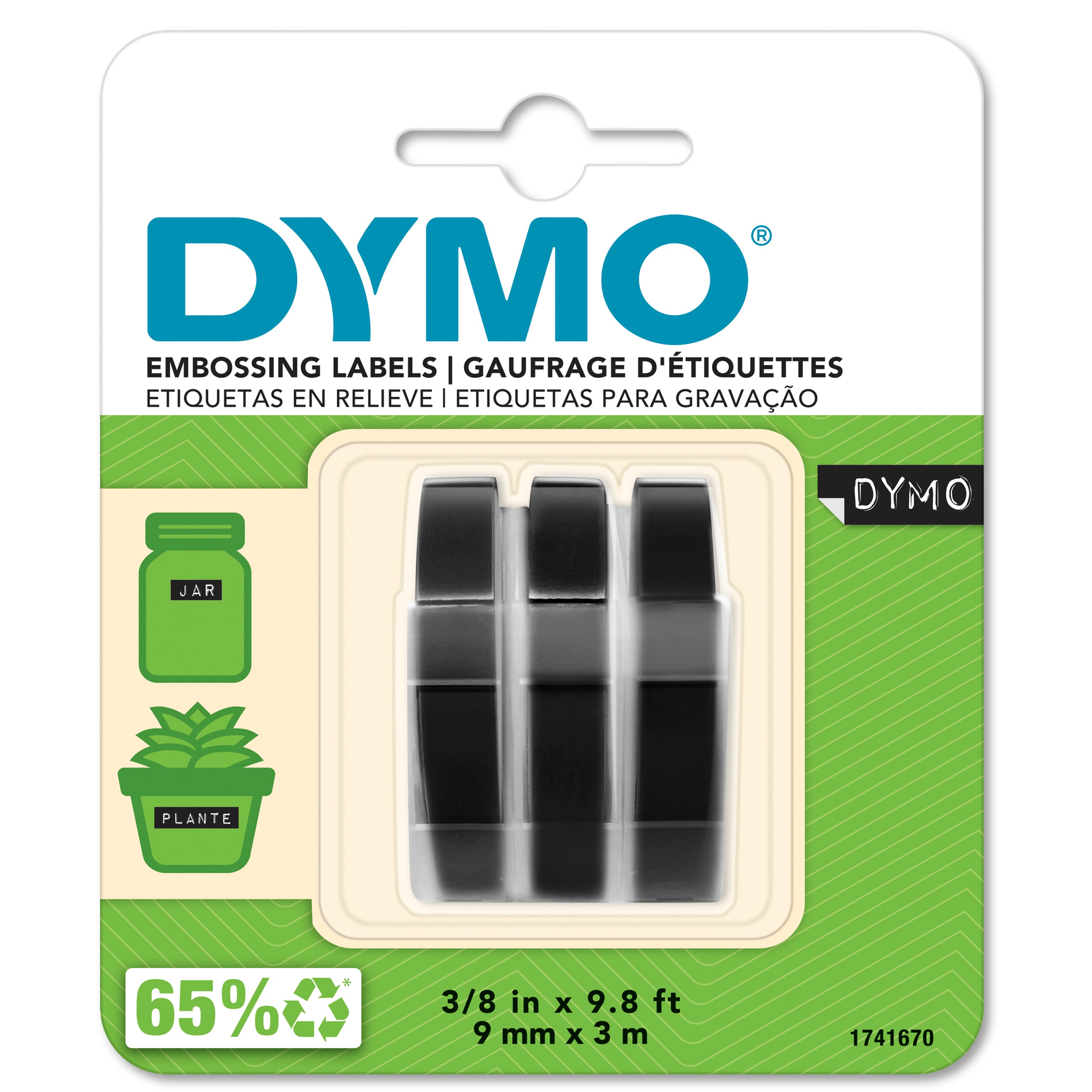 DYMO embossing tape 9mm x 3m black 3 pack in retail packaging