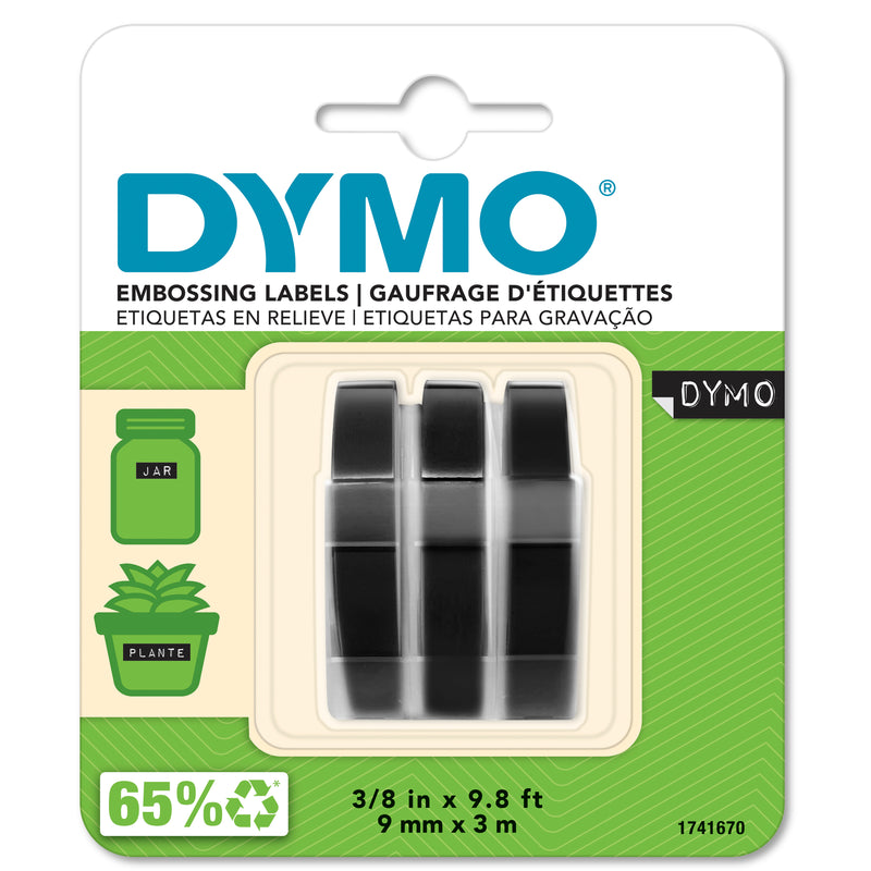 DYMO embossing tape 9mm x 3m black 3 pack in retail packaging