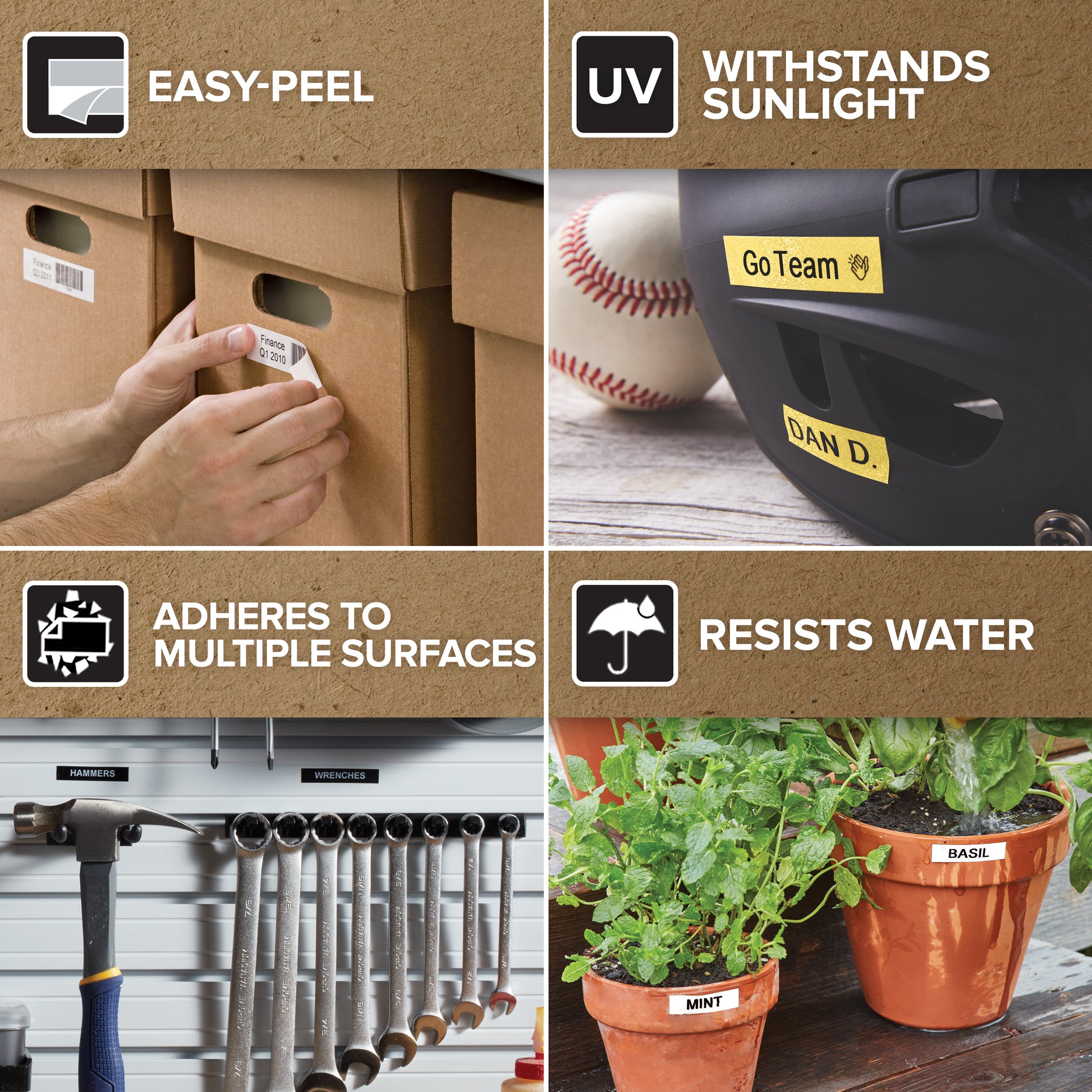 Assorted Dymo label applications on home and storage items