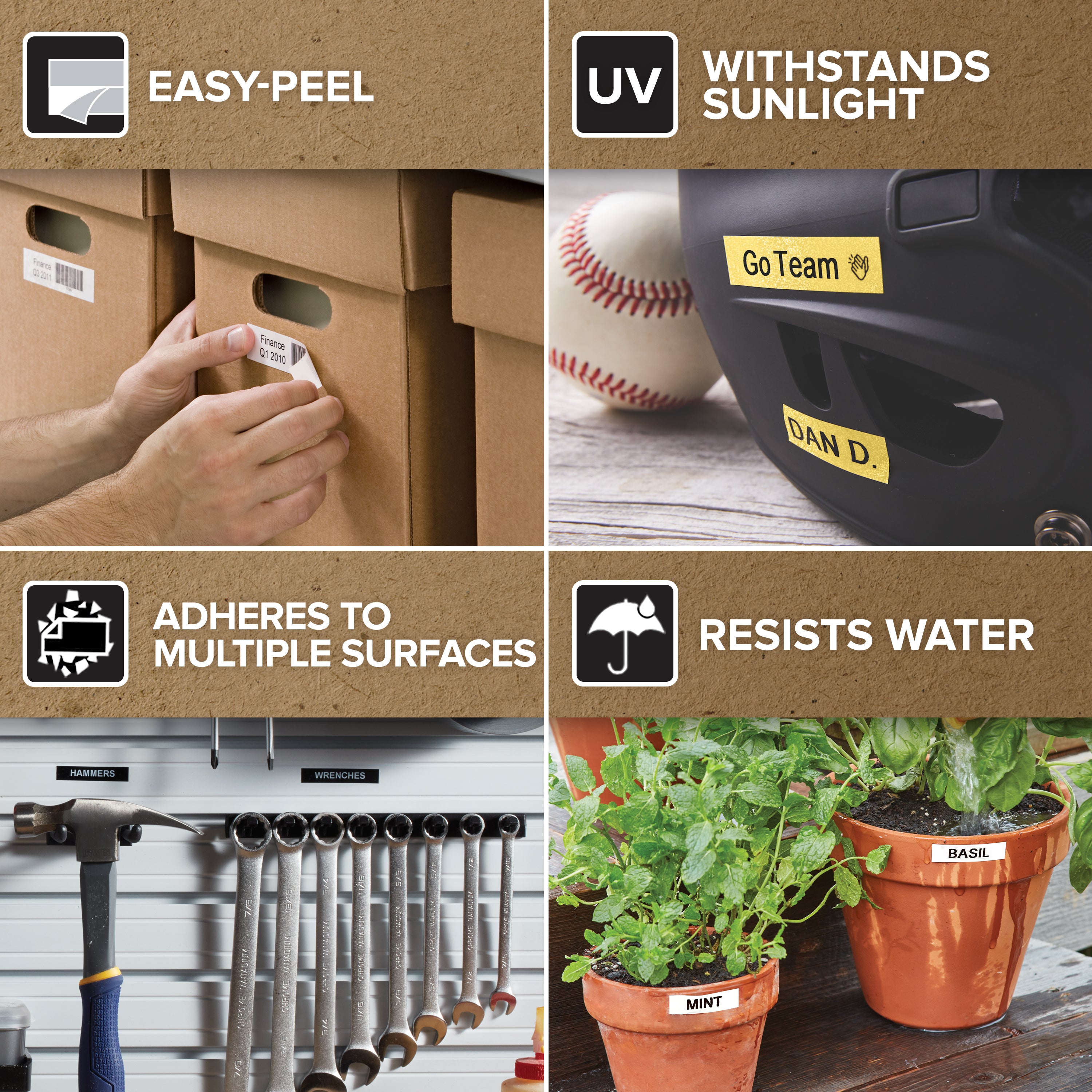 Assorted Dymo label applications on home and storage items