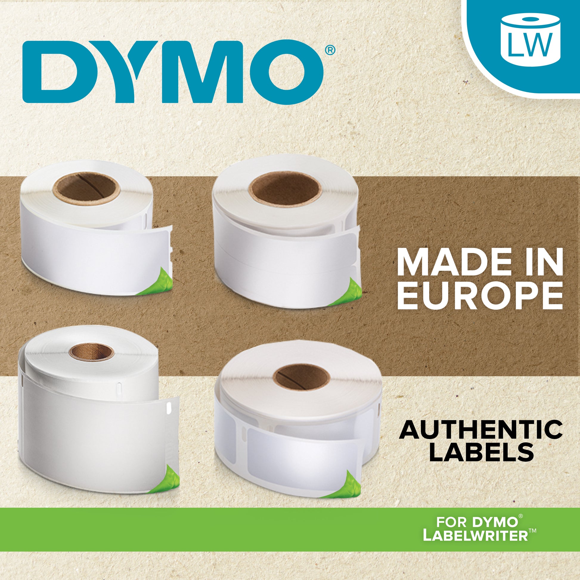 Dymo multi use labels pack showing assorted LabelWriter label roll sizes