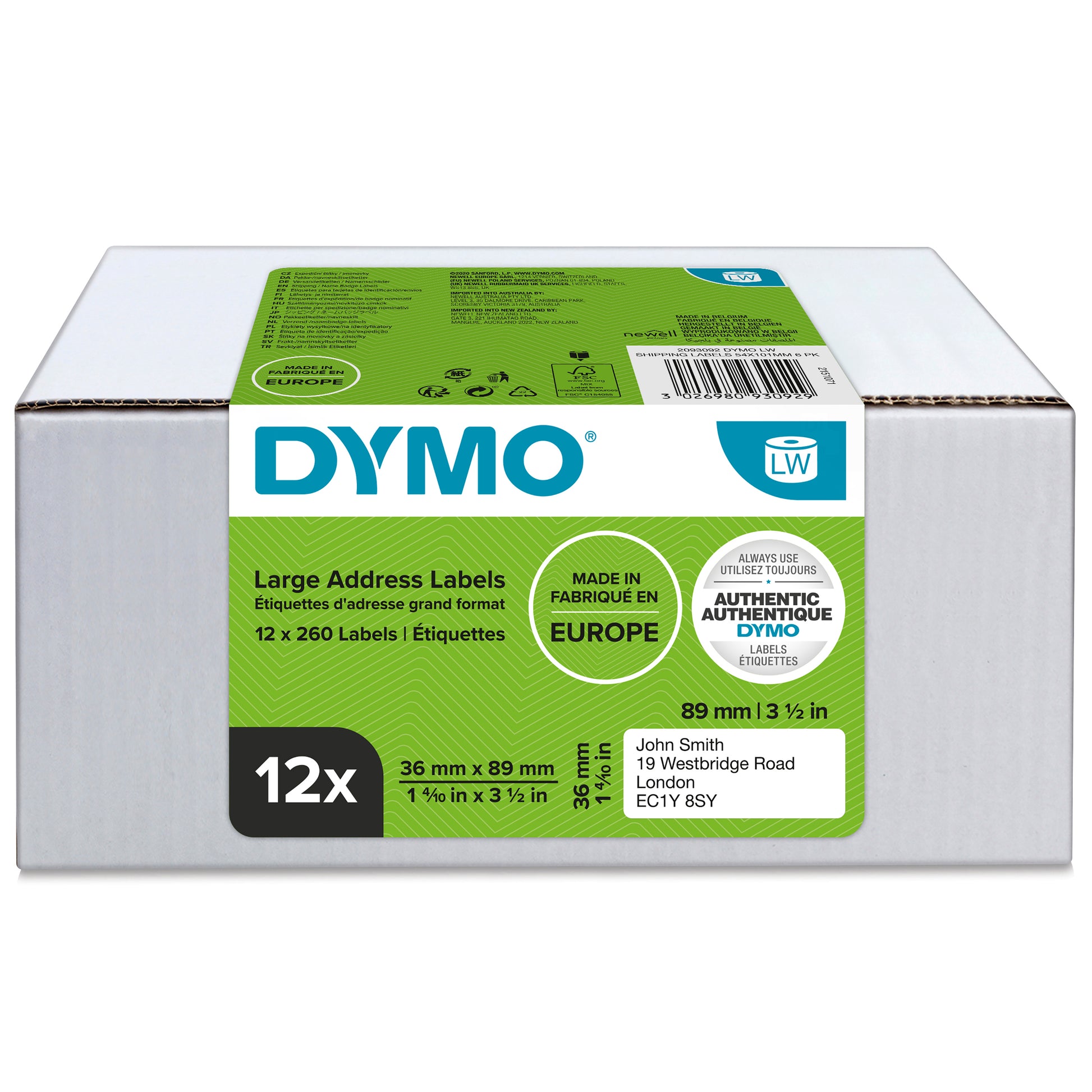 DYMO LabelWriter large address labels 36 x 89mm 12 pack carton in bulk packaging