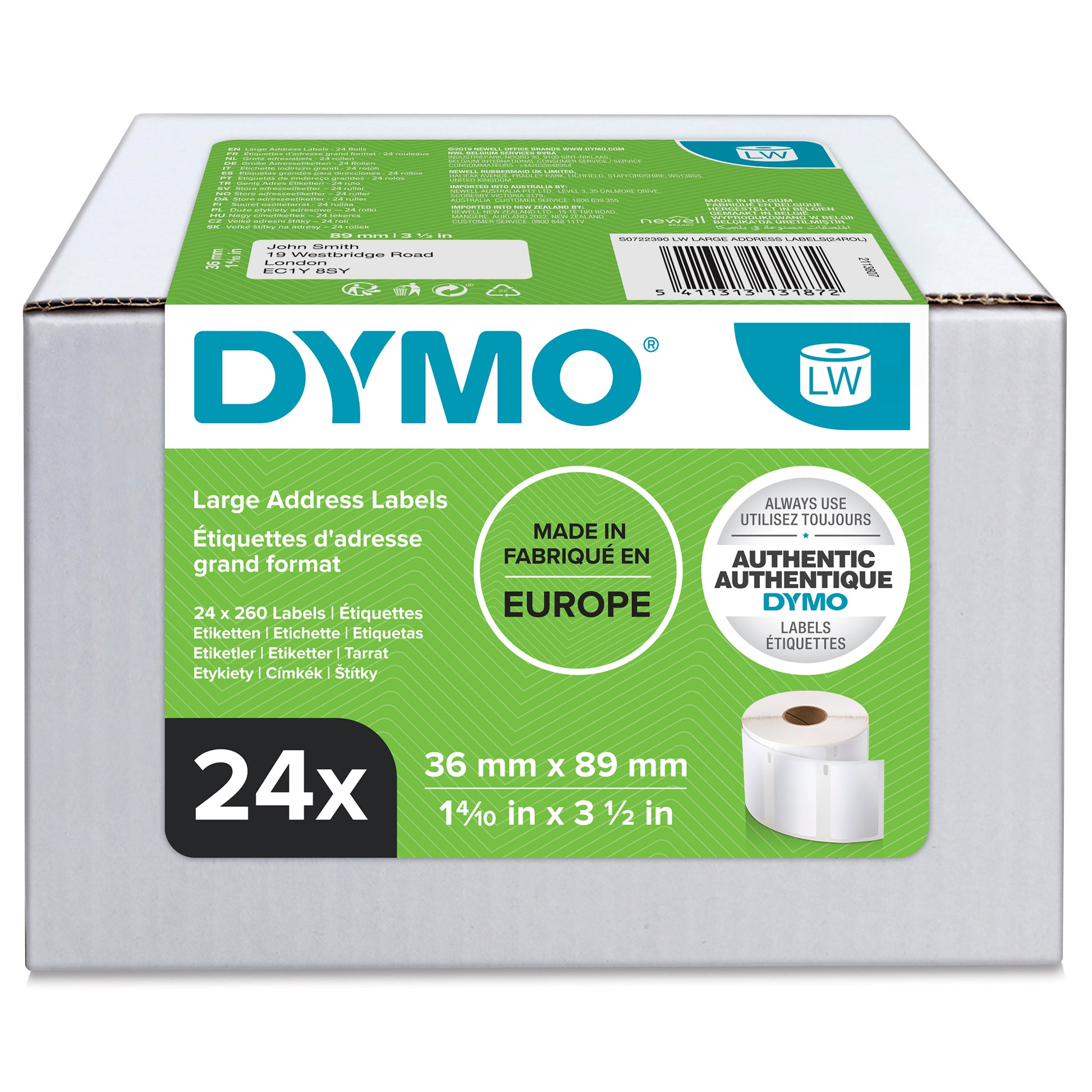 DYMO LabelWriter large shipping labels 36 x 89mm in 24 roll carton packaging