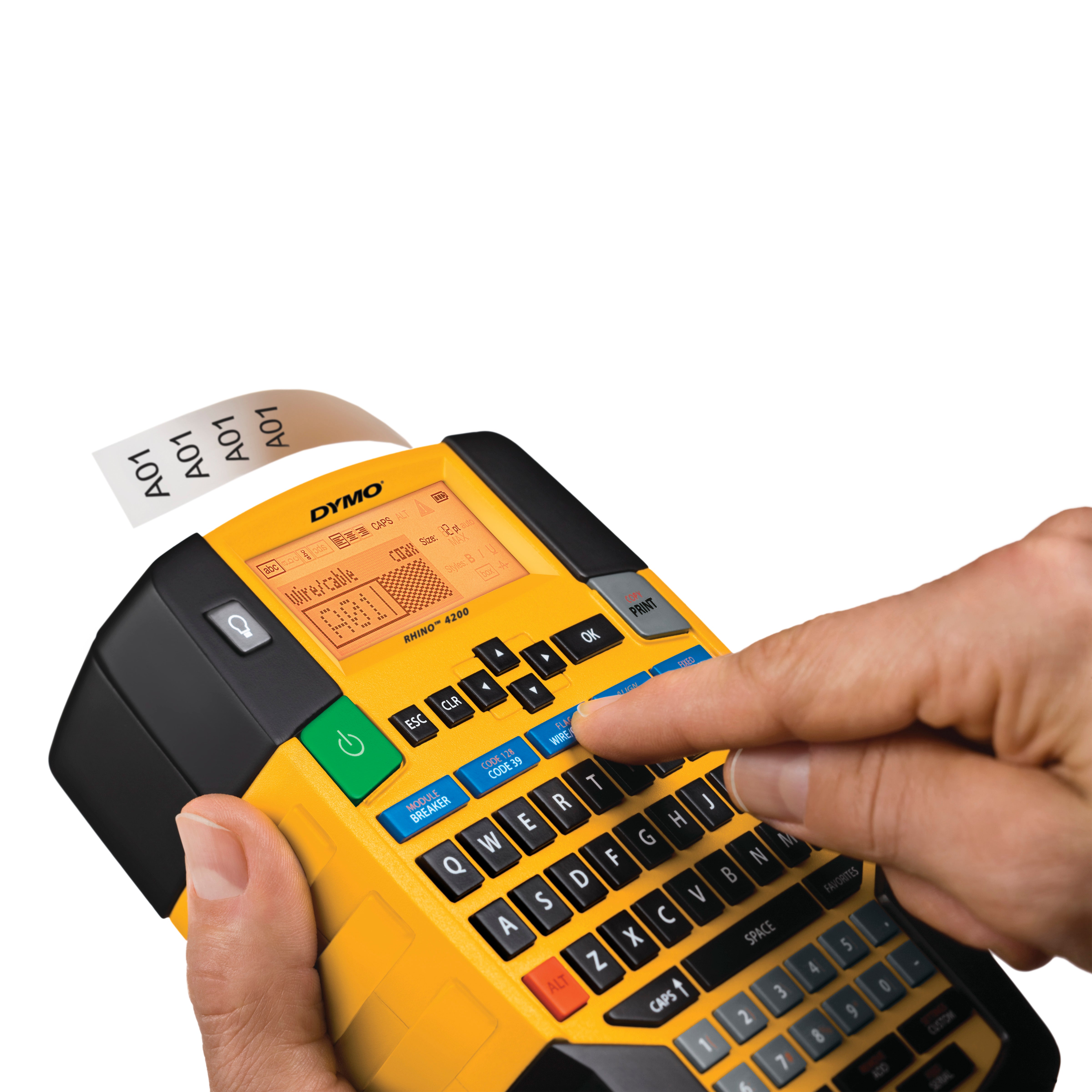 Hands using a Dymo Rhino 4200 label maker