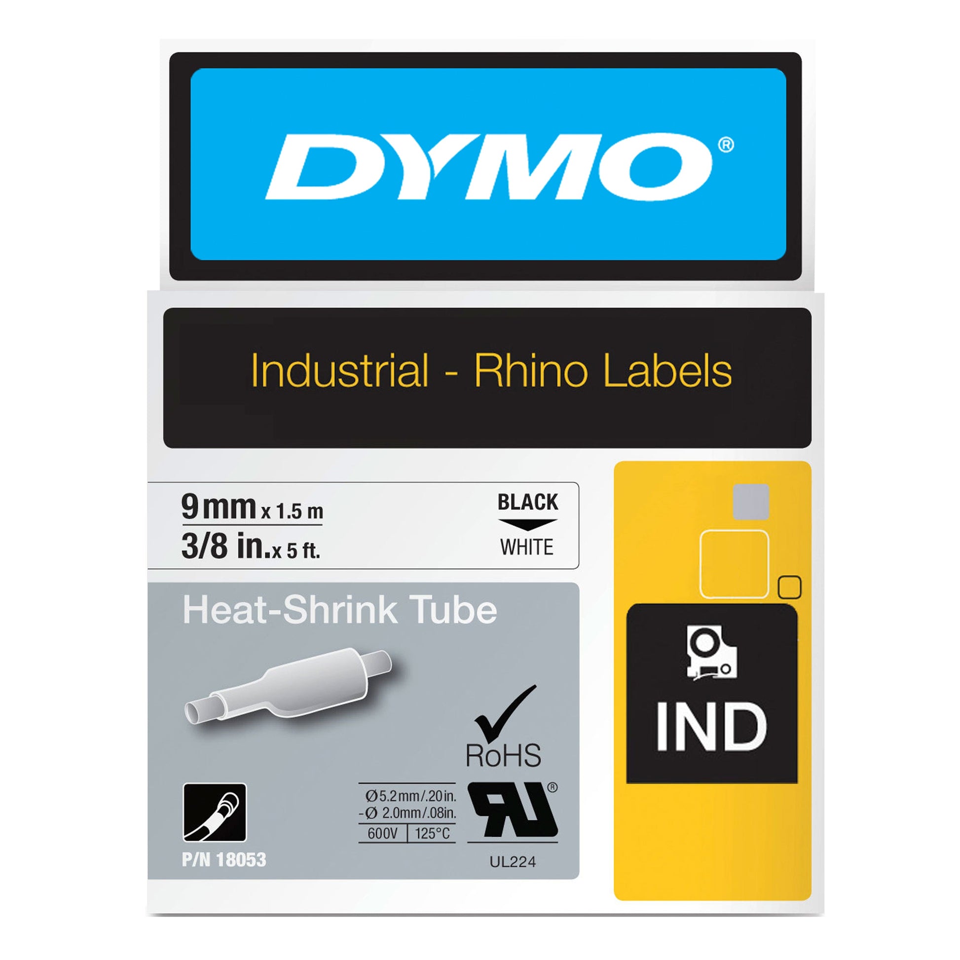Dymo Rhino 18053 Heat Shrink Tube Tape 9mm Black on White